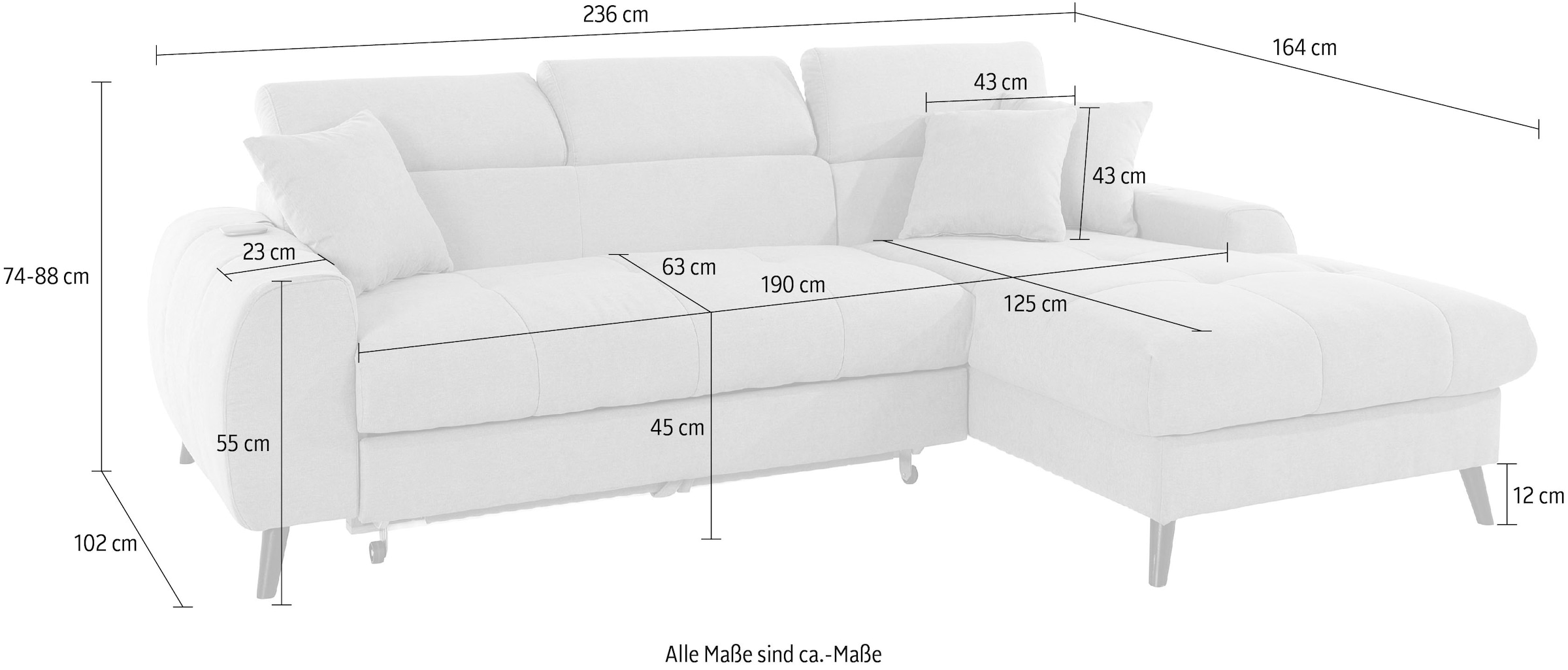 COTTA Ecksofa »Mia L-Form mit 3 Zierkissen«, wahlweise mit Bettfunktion, Bettkasten, Beleuchtung & Wireless-Charger