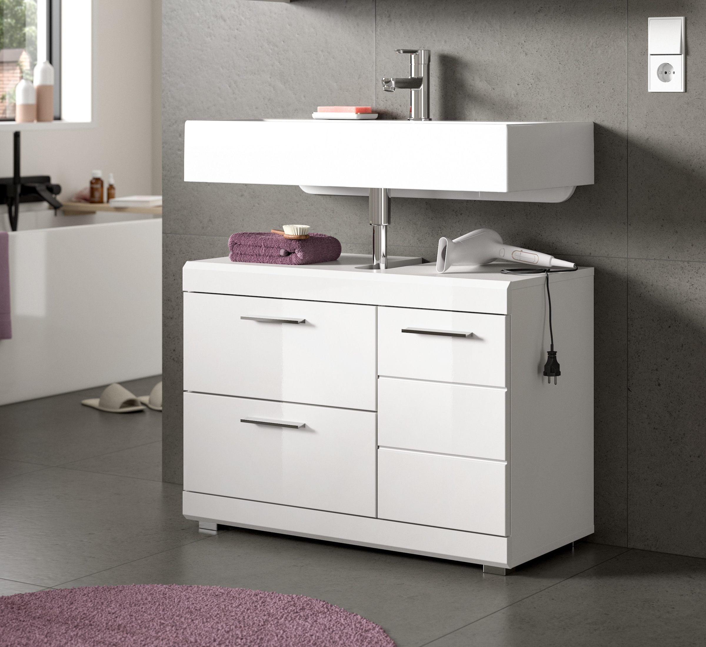 welltime Waschbeckenunterschrank »SIENA, Breite 80cm, 1 Tür, 1 Schubkasten, 1 Klappe, 2 Fächer,MDF-Front« WBU, Badmöbel, Badschrank, Kommode, Unterschrank, Bad, Badezimmer