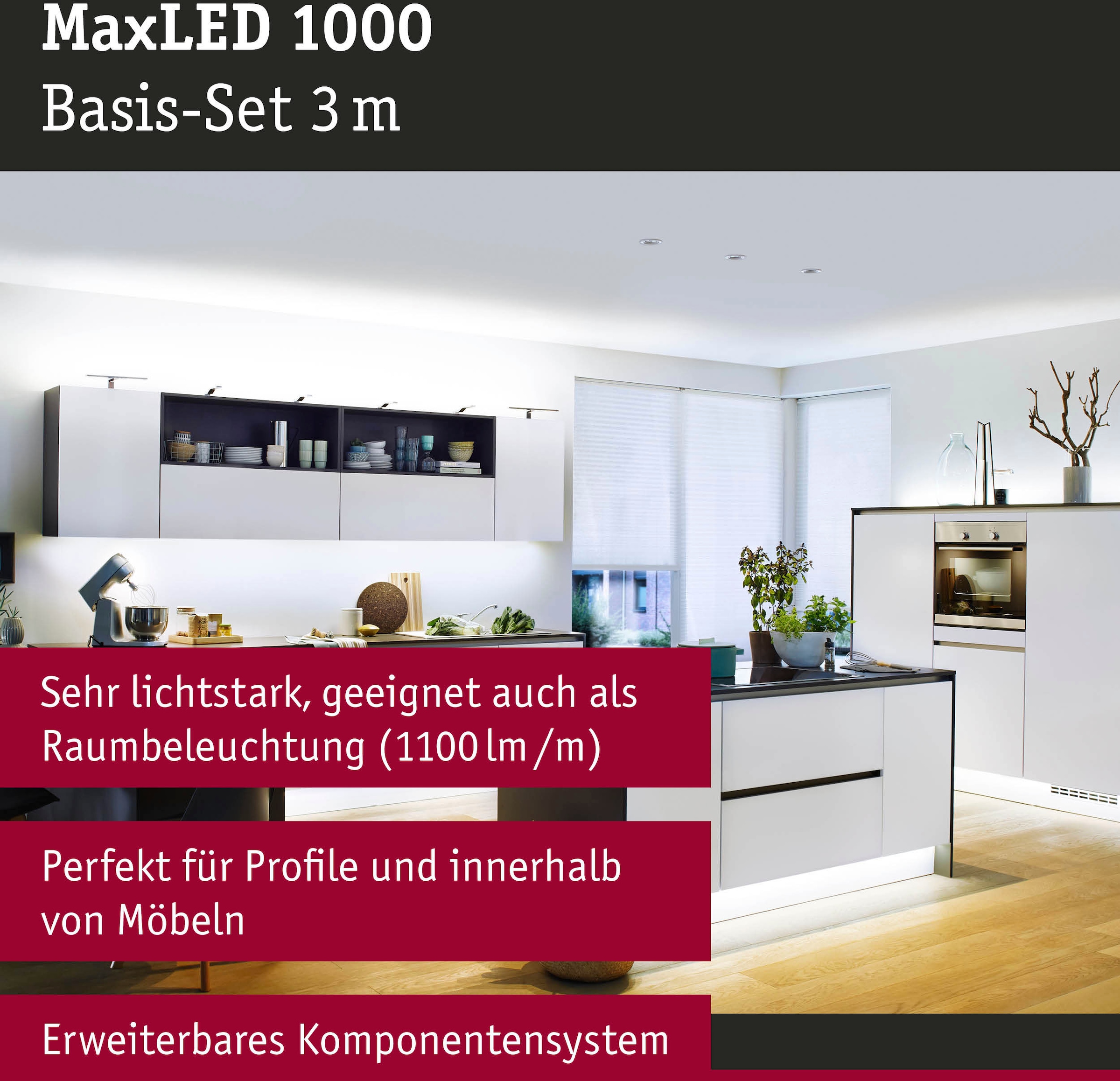 Paulmann LED-Streifen »MaxLED 1000 Basisset 3m Tageslichtweiß 35W 1100lm/m 6500K«, 1 St.-flammig, Basisset, unbeschichtet