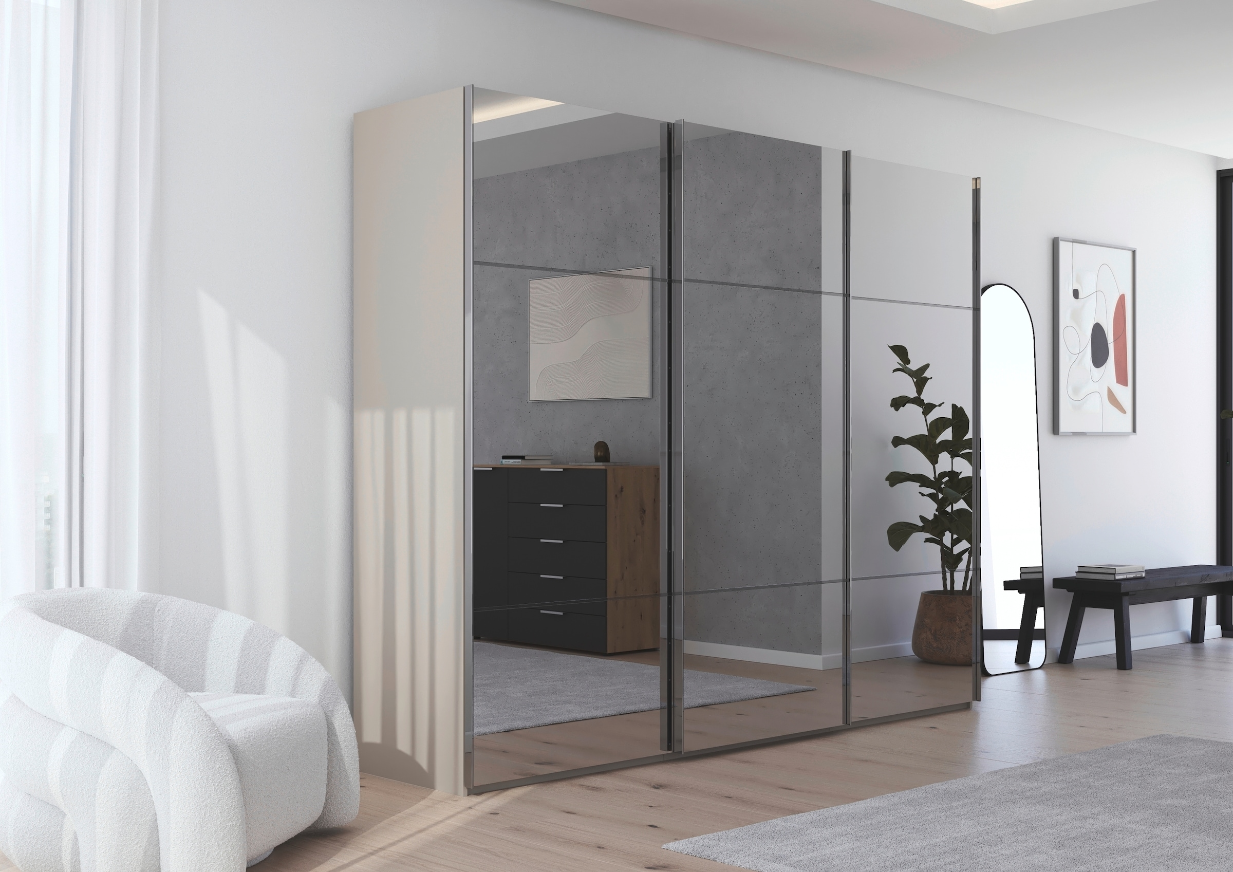 rauch Schwebetürenschrank »Kleiderschrank Schrank Garderobe Schlafzimmerschrank SCALE-TRIO«, edle dreigeteilte Front mit 2 Zierleisten Spiegelfront MADE IN GERMANY