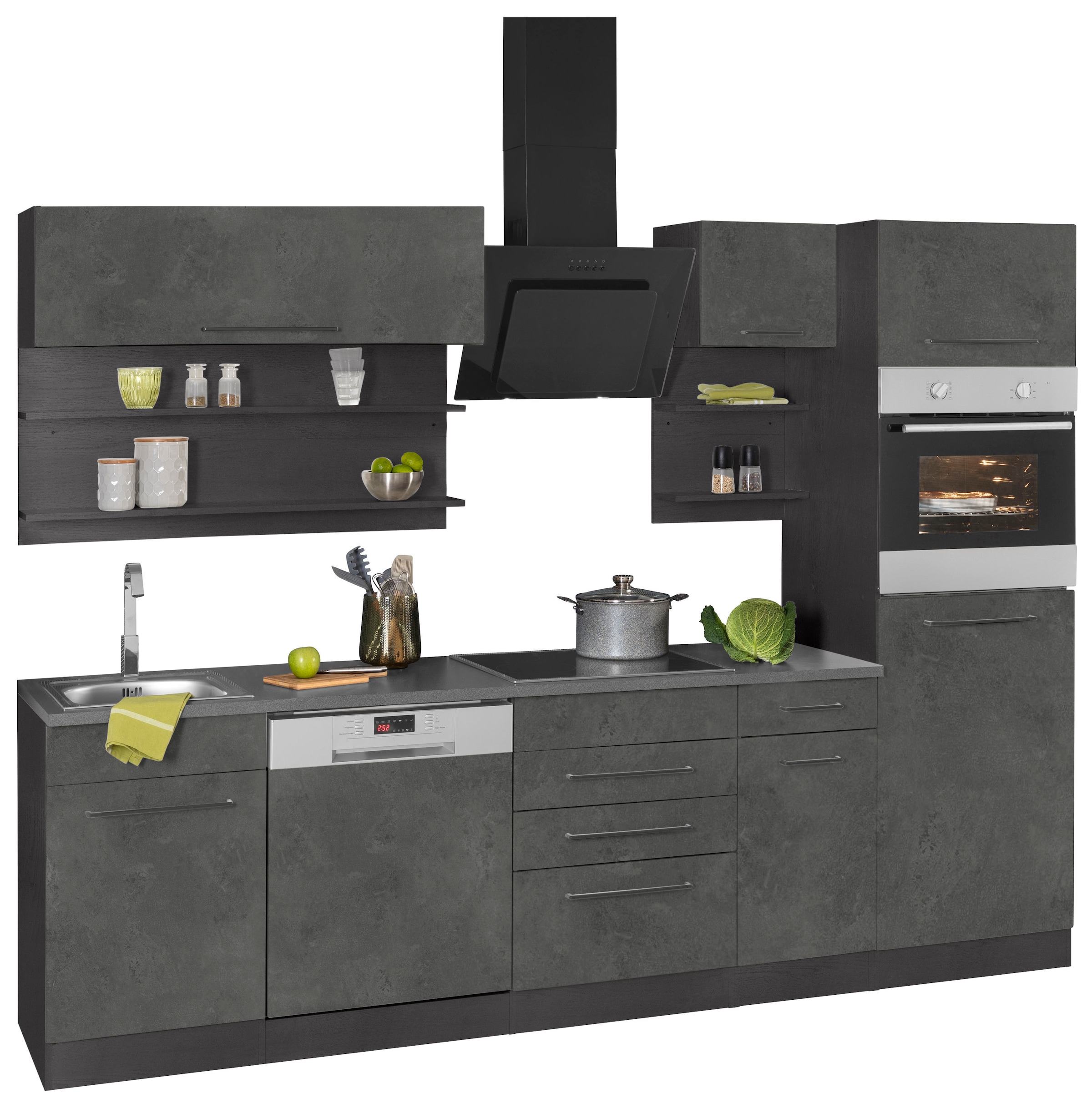 KOCHSTATION Küchenzeile »KS-Tulsa«, ohne E-Geräte, Breite 270 cm, schwarze Metallgriffe, MDF Fronten