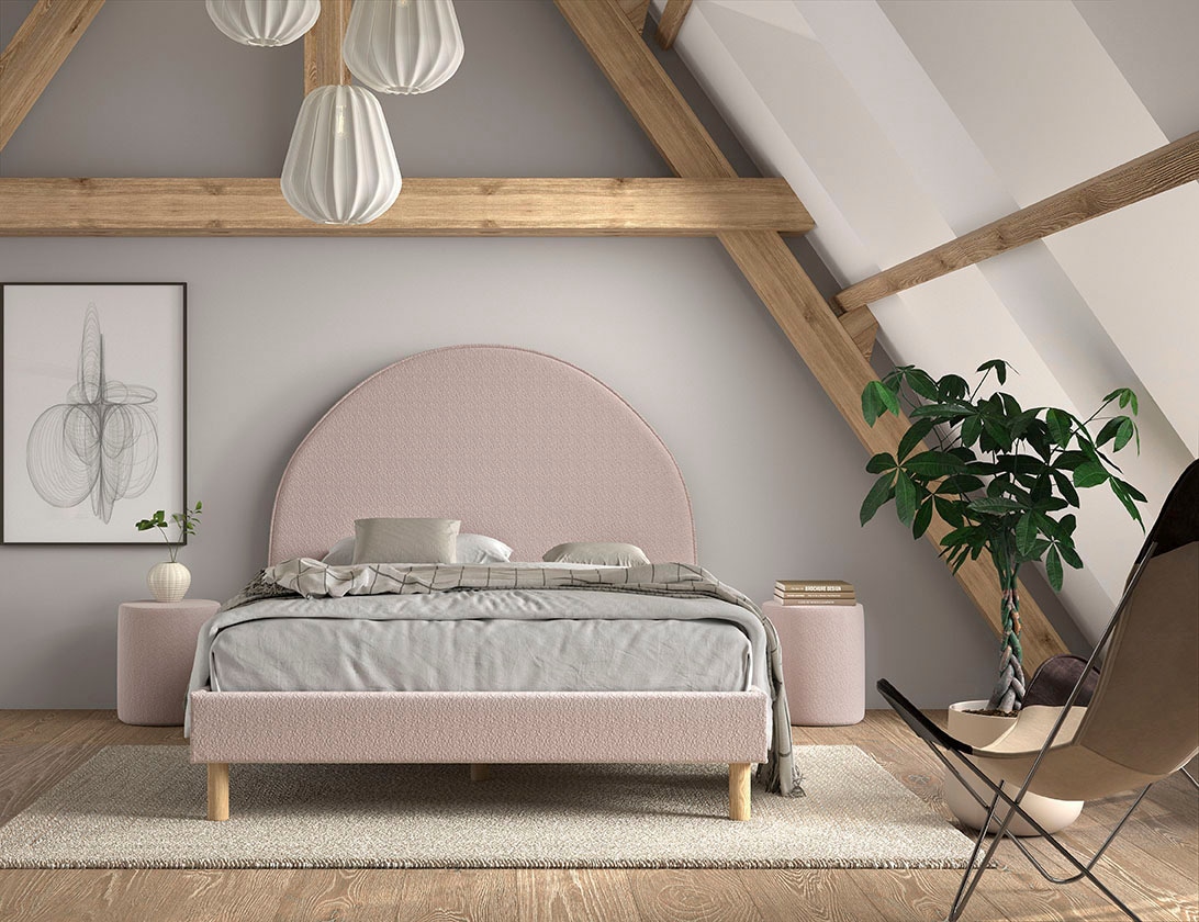 Vipack Schlafzimmer-Set »Moon, best. aus Polsterbett 140/200 und 2 Hocker/Nachttische«, (B/H/T ca. 147x132x212cm, bogenförmiges Kopfteil, Füße Massivholz), inkl. Lattenrost, Bezug flauschiger Bouclé Stoff, wahlweise 4 Farben