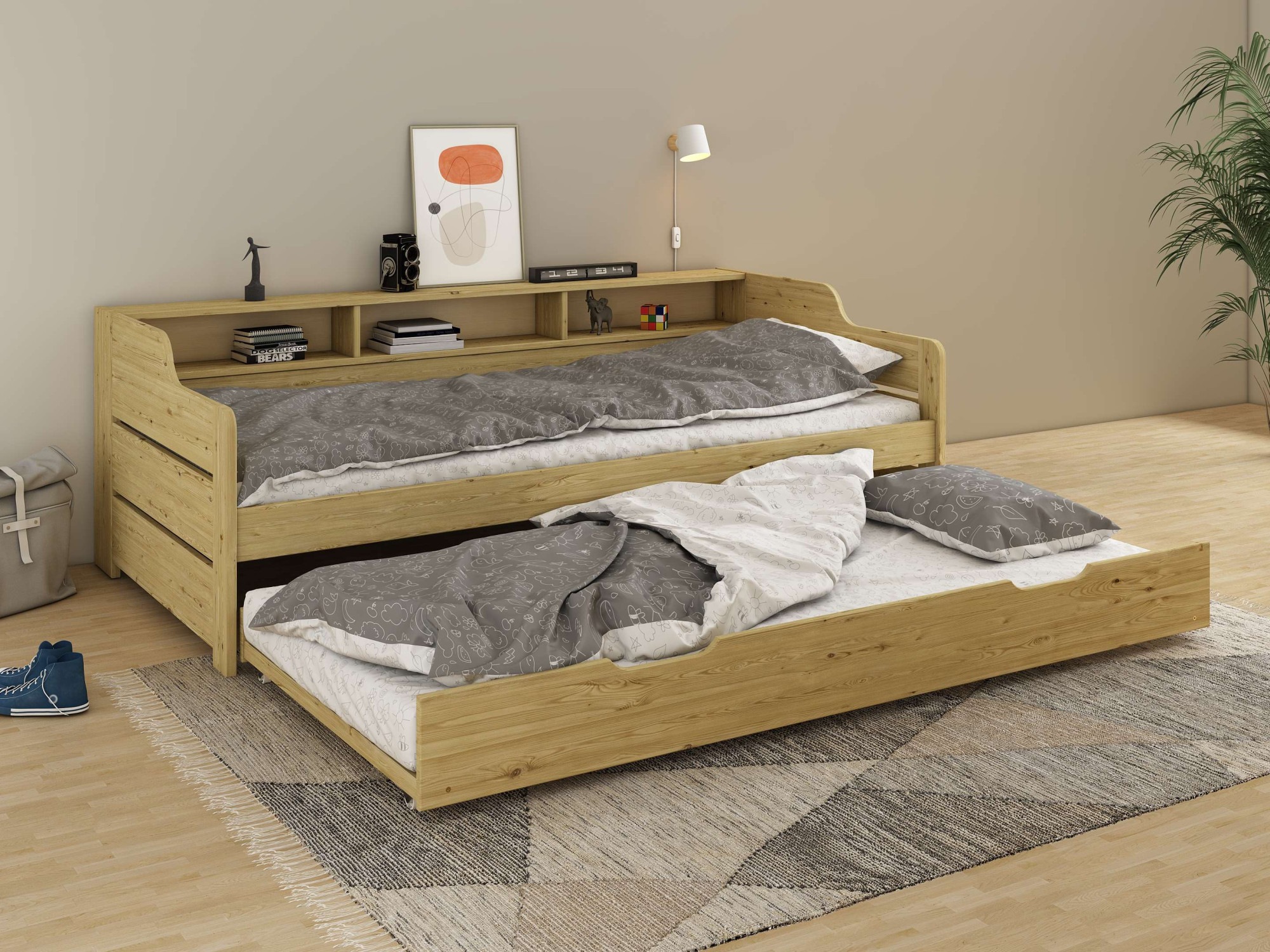 Home affaire Daybett »"REETE1", Stauraum, Funktionsbett, Kinderbett, inklusive Schubkasten«, (90x200cm, 2 Schlafplätze), mit Regalen, FSC® zertifiziertes Massivholz (Kiefer), Landhausstil