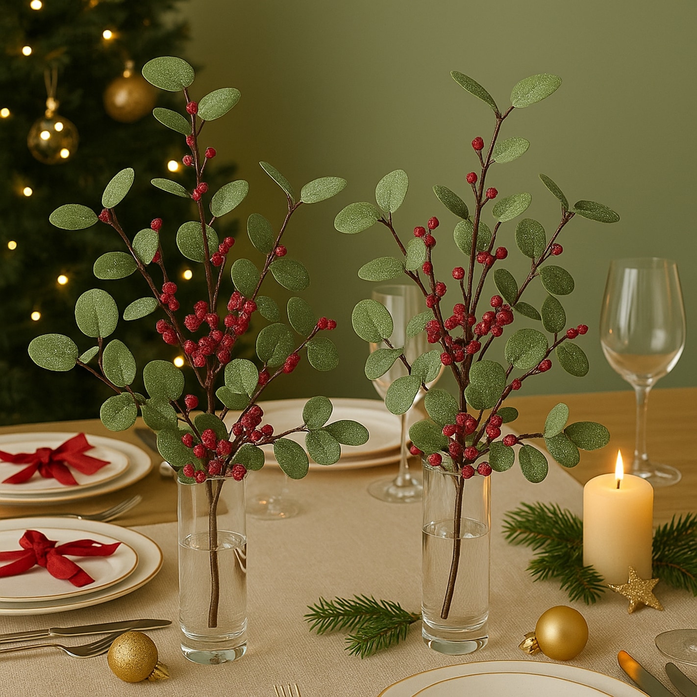 I.GE.A. Kunstzweig »Eukalyptuszweig« mit Beeren 2er Set Dekozweig Kunstblumen Weihnachtsdeko