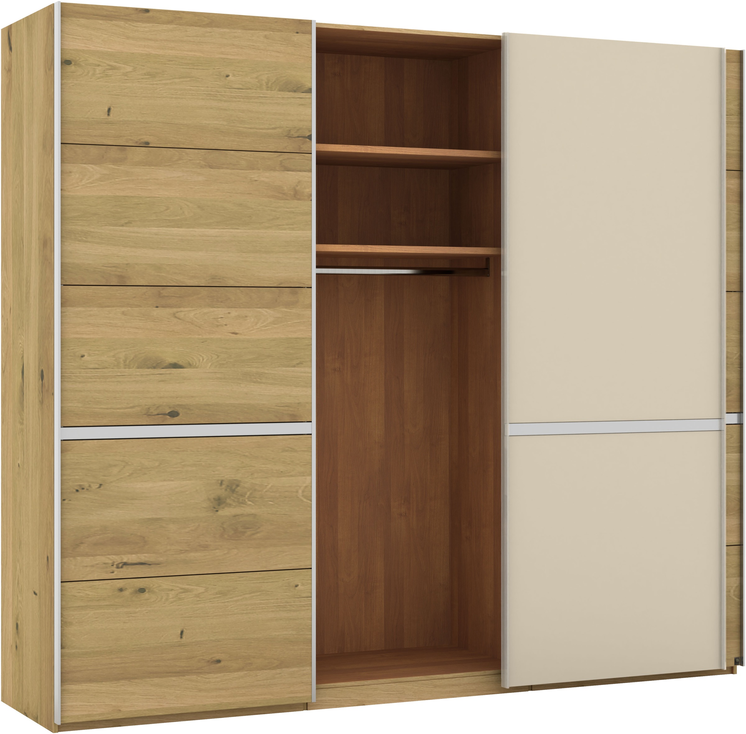 Musterring Schwebetürenschrank »Savona, Kleiderschrank, Schrank, Garderobe, mit Schiebetüren«, (Teilmassiv Bianco-Eiche, mit Spiegel oder Glas, MADE IN GERMANY), Türen Bianco-Eiche massiv, Spiegel-/Glastüren, eingelegte Chromleiste