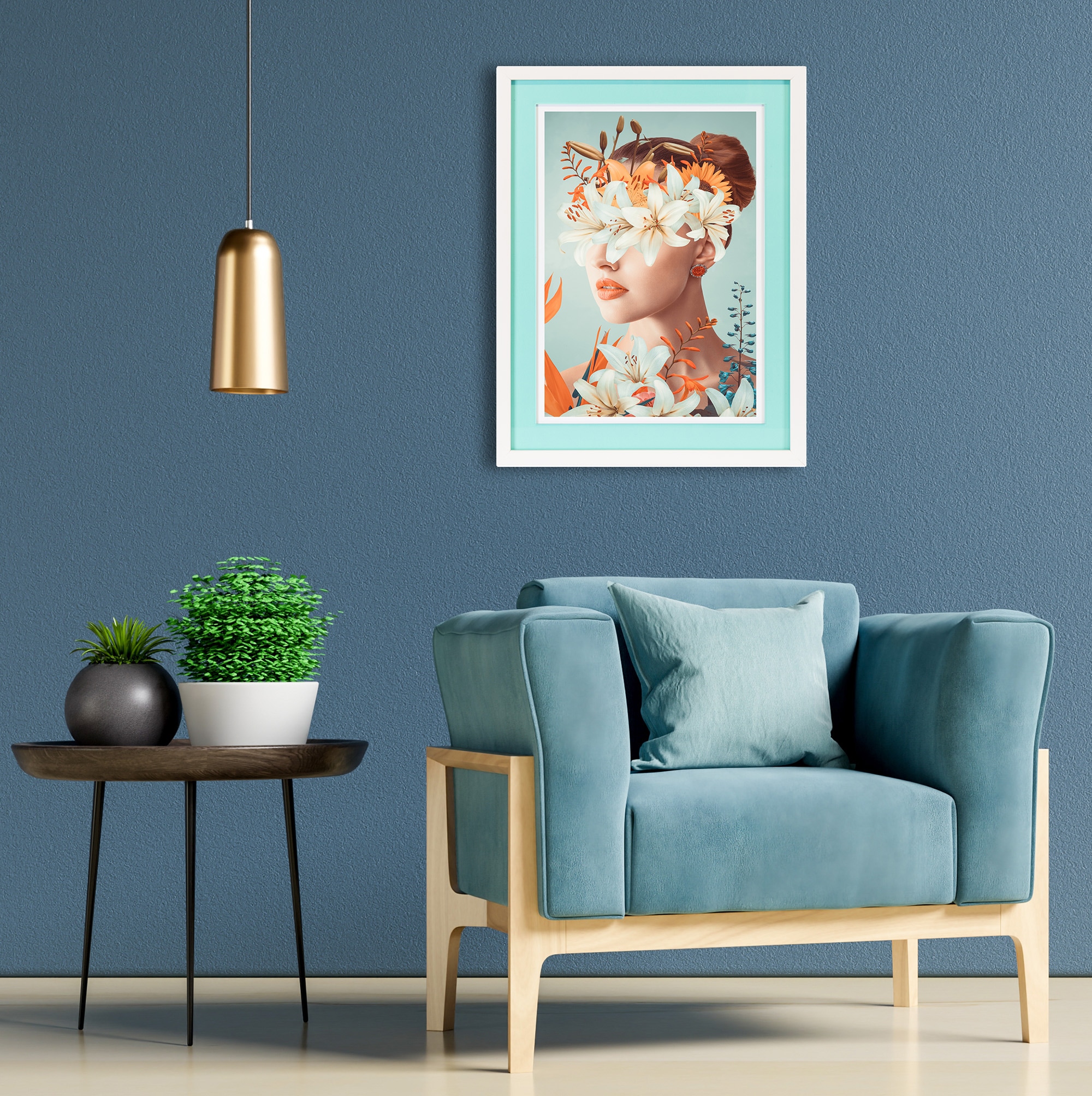 queence Bild mit Rahmen »Frau mit Blumenkranz«, Bilder von Frauen-Blumen-Blumenbilder-Frau-Gesicht, (1 St.), Poster mit buntem Acrylglas Passepartout