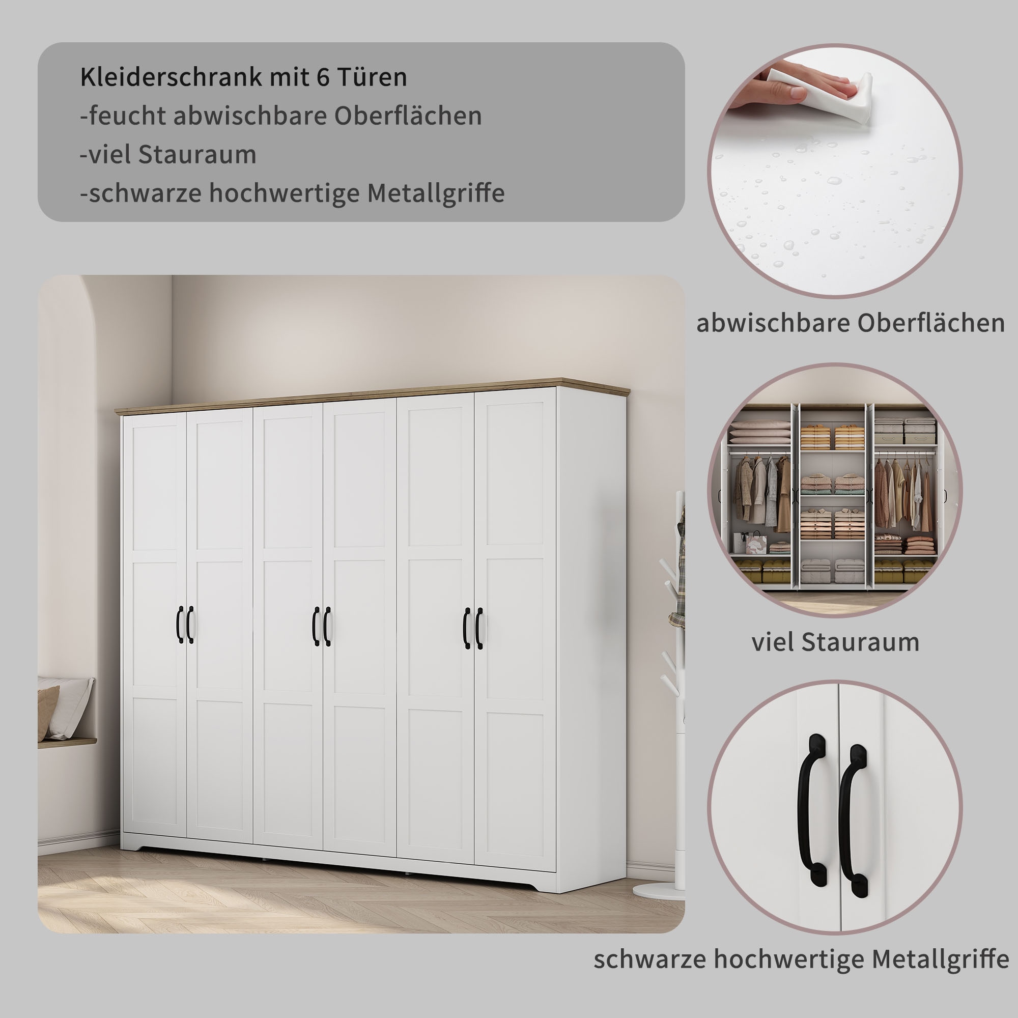 OTTO home Kleiderschrank »Emmilia Schrank Schlafzimmerschrank im Landhaus Design« Mit vielen Einlegeböden und Softclose,  Landhaus Schrank mit  6 Türen Breite 226,5cm Höhe 2m