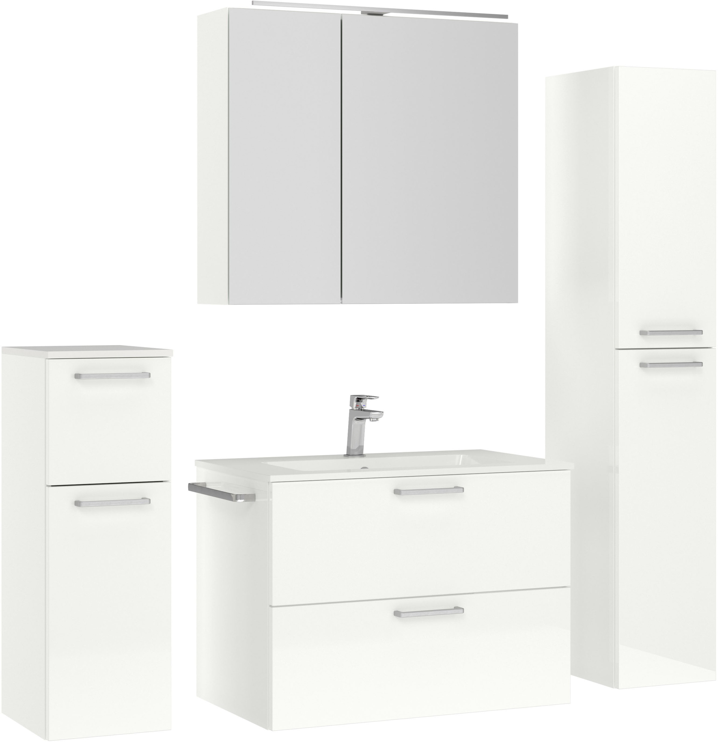nobilia® Badmöbel-Set »Tolvina«, (4 St., vormontiert, mit Soft-Close), inkl. Spiegelschrank mit Beleuchtung und Dimmerfunktion, in 4 Breiten