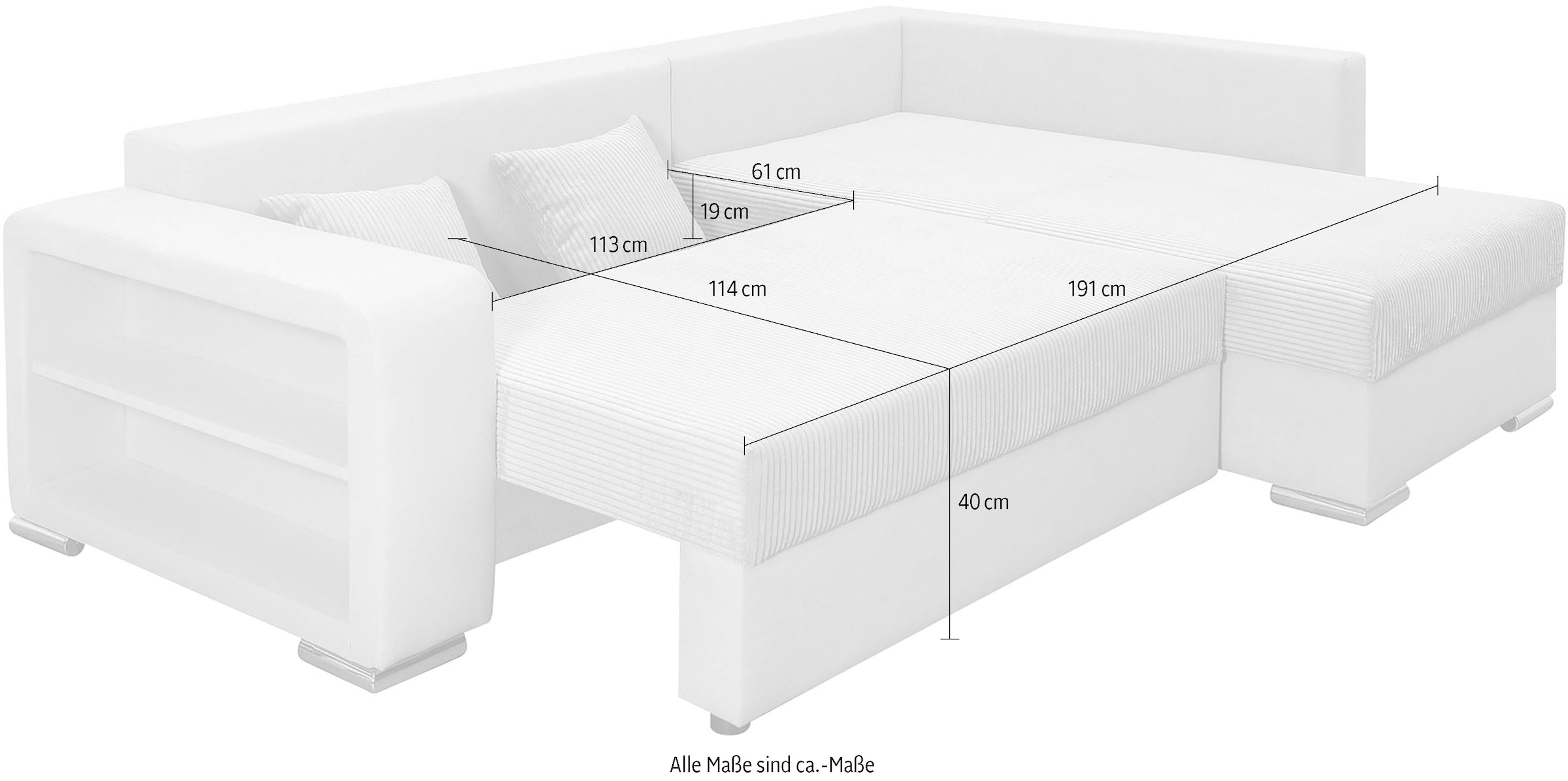 COLLECTION AB Ecksofa »John L-Form«, Regalarmlehne,Bettfunktion,Bettkasten,Ottomane beiseitig montierbar