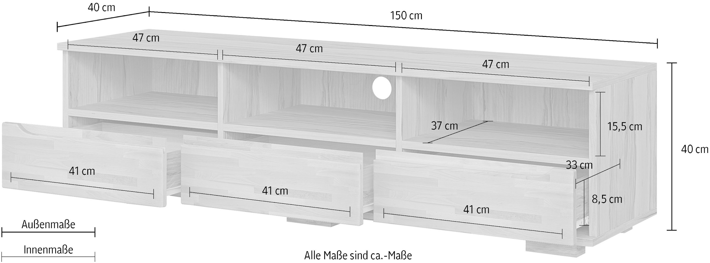 OTTO home Lowboard »VETRO Teilmassiv, Fronten Massivholz, Wohnzimmer, Stauraum,Griffmulde« B/T/H:150/40/40 cm, 3 Schubladen, 3 offene Fächer, kabeldurchführung