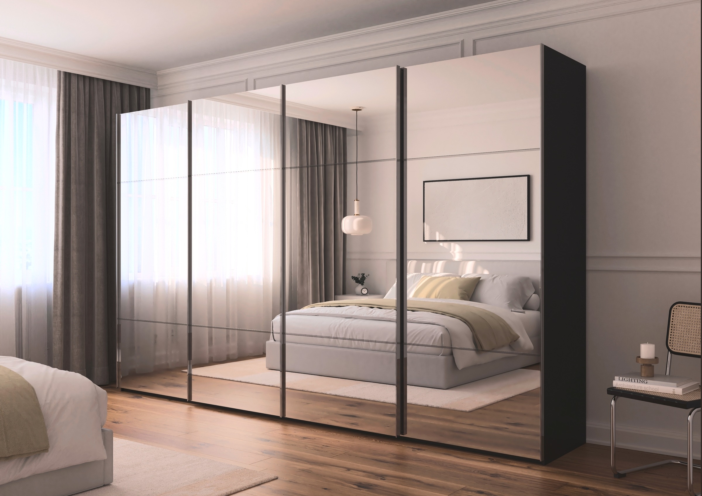 rauch Schwebetürenschrank »Kleiderschrank Schrank Garderobe Schlafzimmerschrank SCALE-TRIO«, edle dreigeteilte Front mit 2 Zierleisten Spiegelfront MADE IN GERMANY