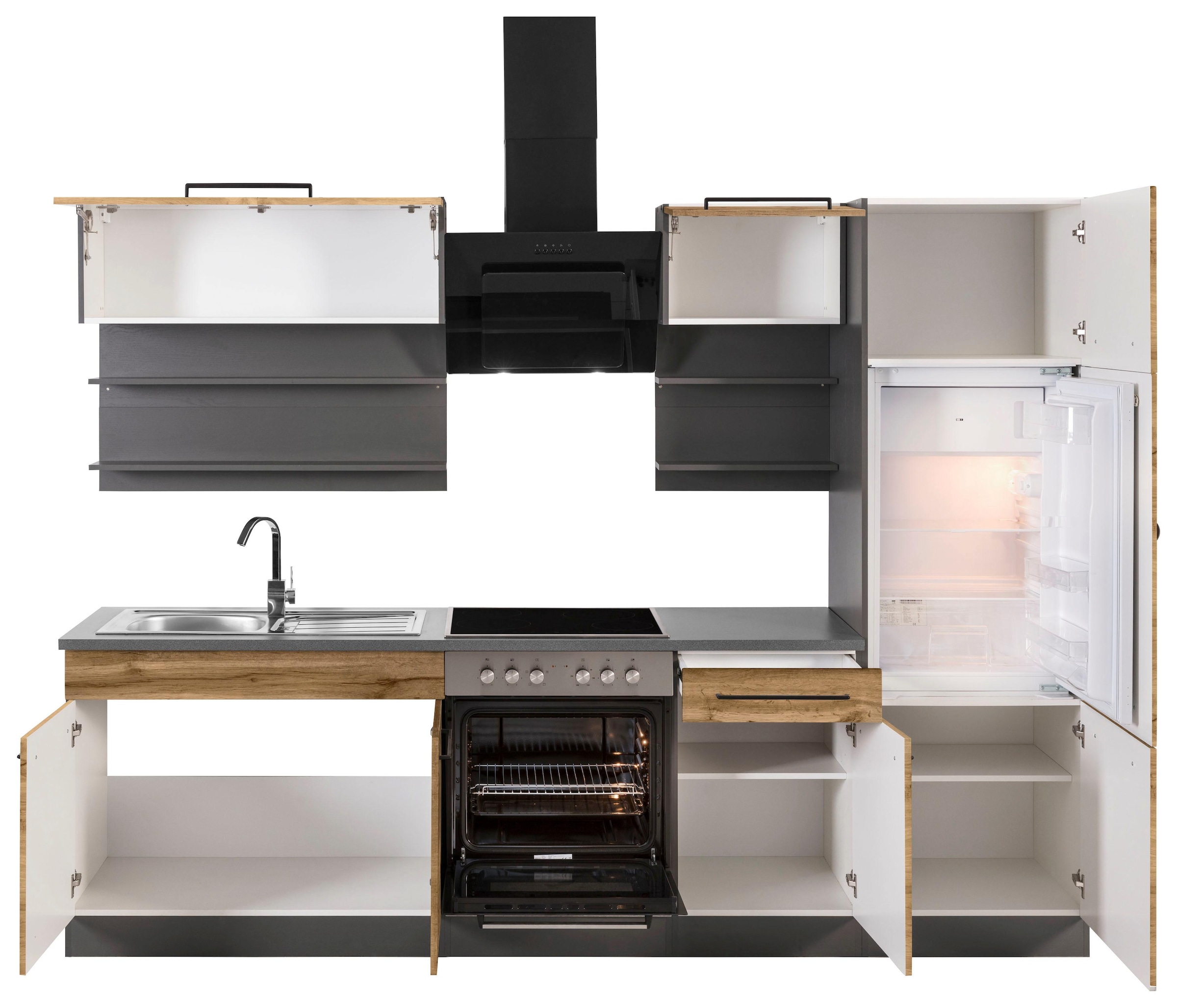 KOCHSTATION Küchenzeile »KS-Tulsa«, mit E-Geräten, Breite 270 cm, schwarze Metallgriffe, MDF Fronten