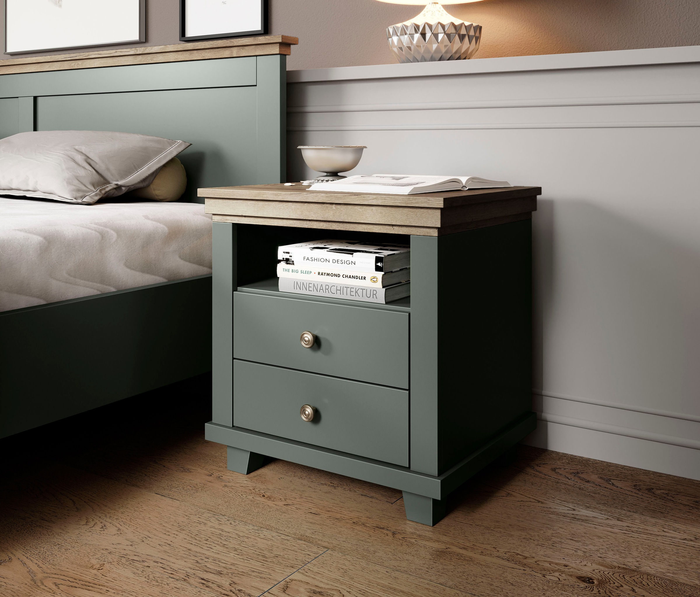 Home affaire Nachtkommode »Evora mit 2 Schubläden, Nachttisch in 2 verschieden Farben erhältlich«, 52x42x54 cm (BxTxH), Beistelltisch mit MDF-Applikationen, Landhausstil