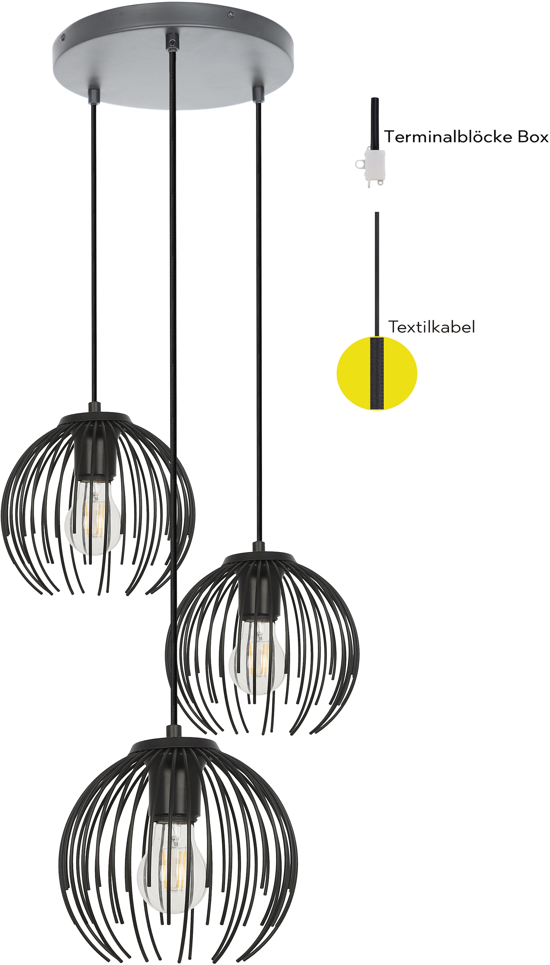 OTTO home Pendelleuchte »Tonnia - Hängelampe, höhenverstellbar, 3er Rondell, Metall,« E27 1 Stk. Wohnzimmer, modern, ballonförmiger Lampenschirm, Pendellampe