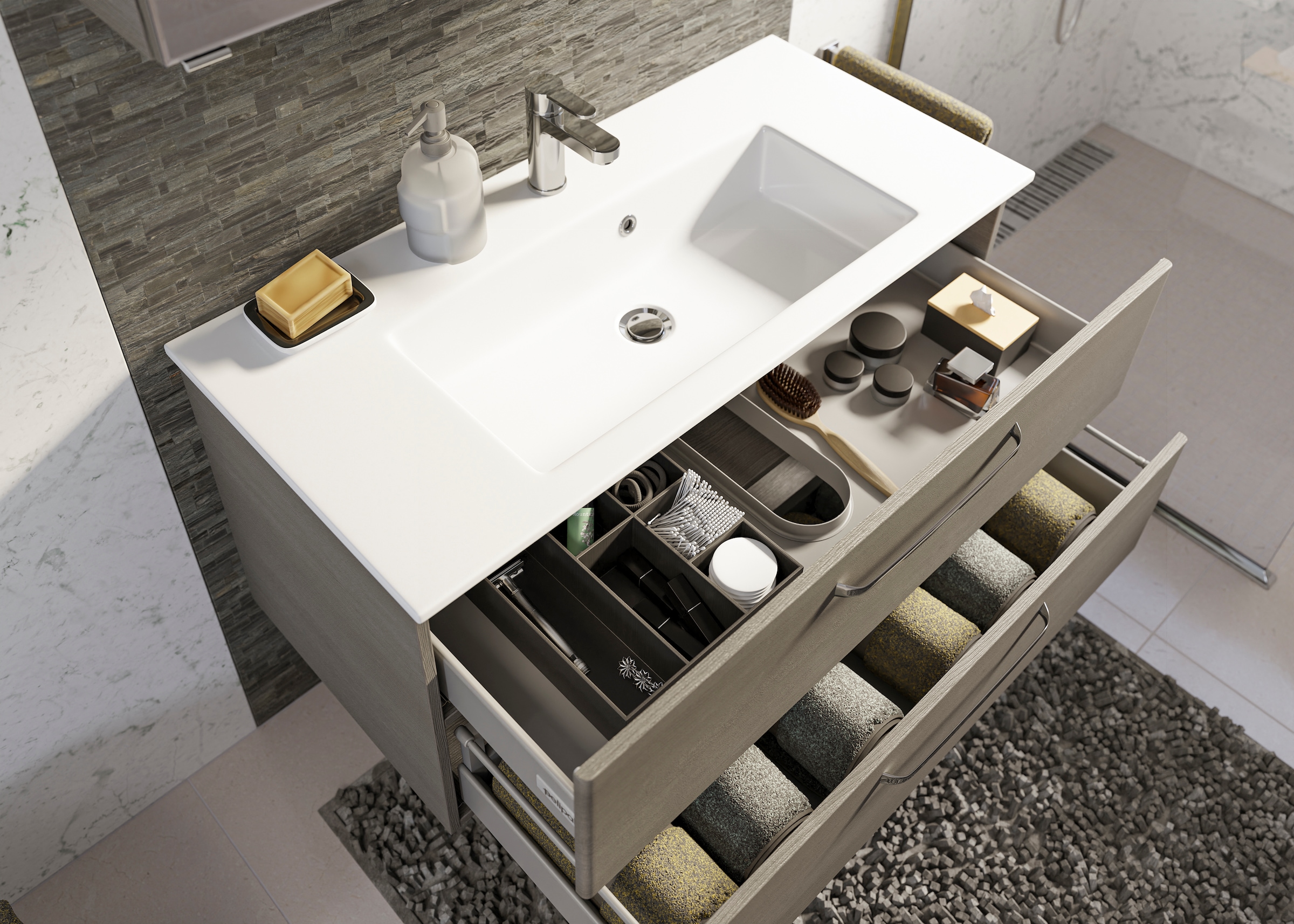 Saphir Badmöbel-Set »Trentino 2-tlg Mineralmarmor-Waschtisch, Spiegelschrank mit LED-Profil«, (3 St.), Badmöbel-Set 110cm breit, inkl. Türdämpfer, 3 Türen, 2 Auszügen