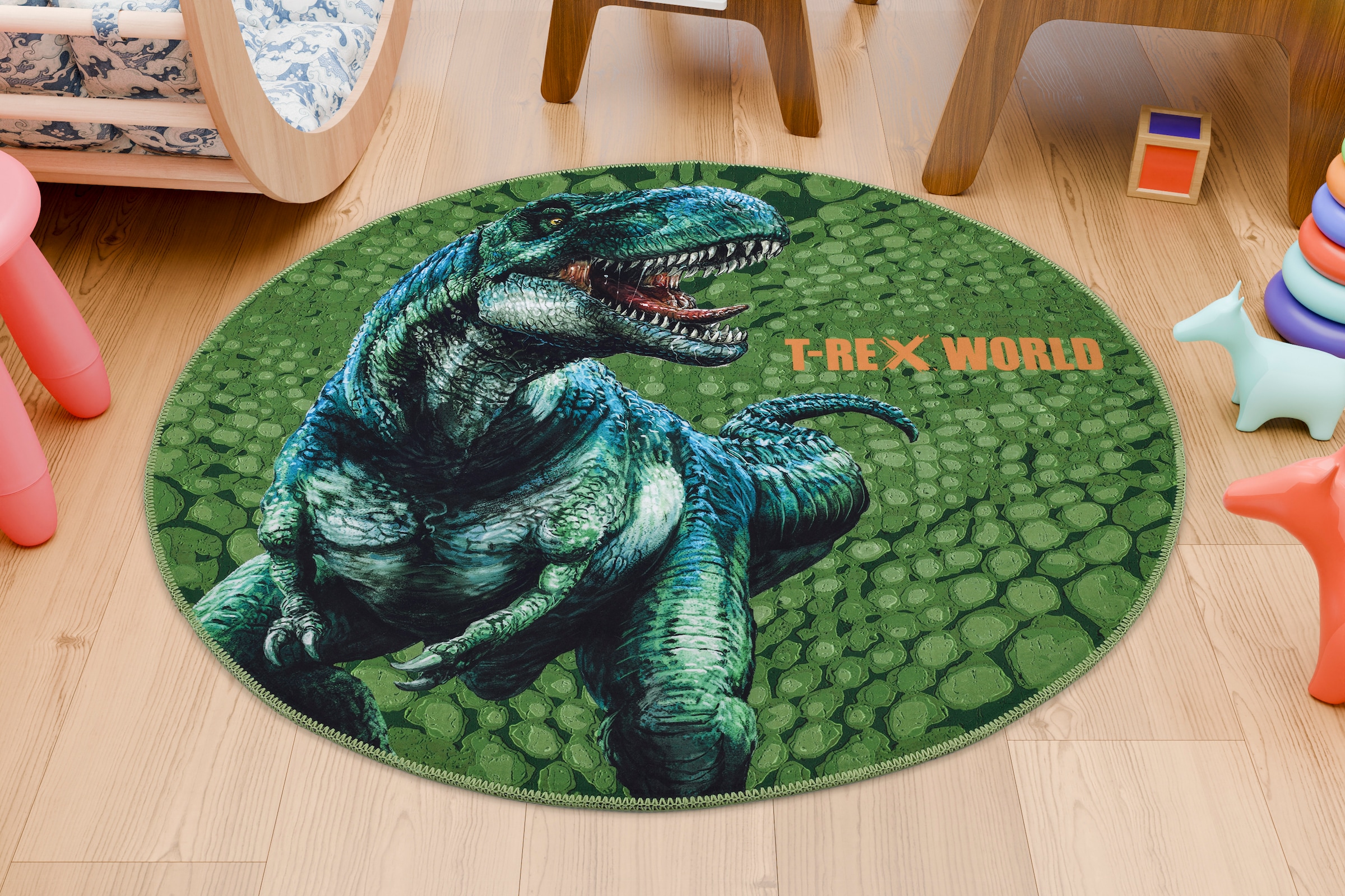 Böing Carpet Kinderteppich »T-Rex World 832«, rund, 6 mm Höhe, Motiv T-Rex, günstig online kaufen