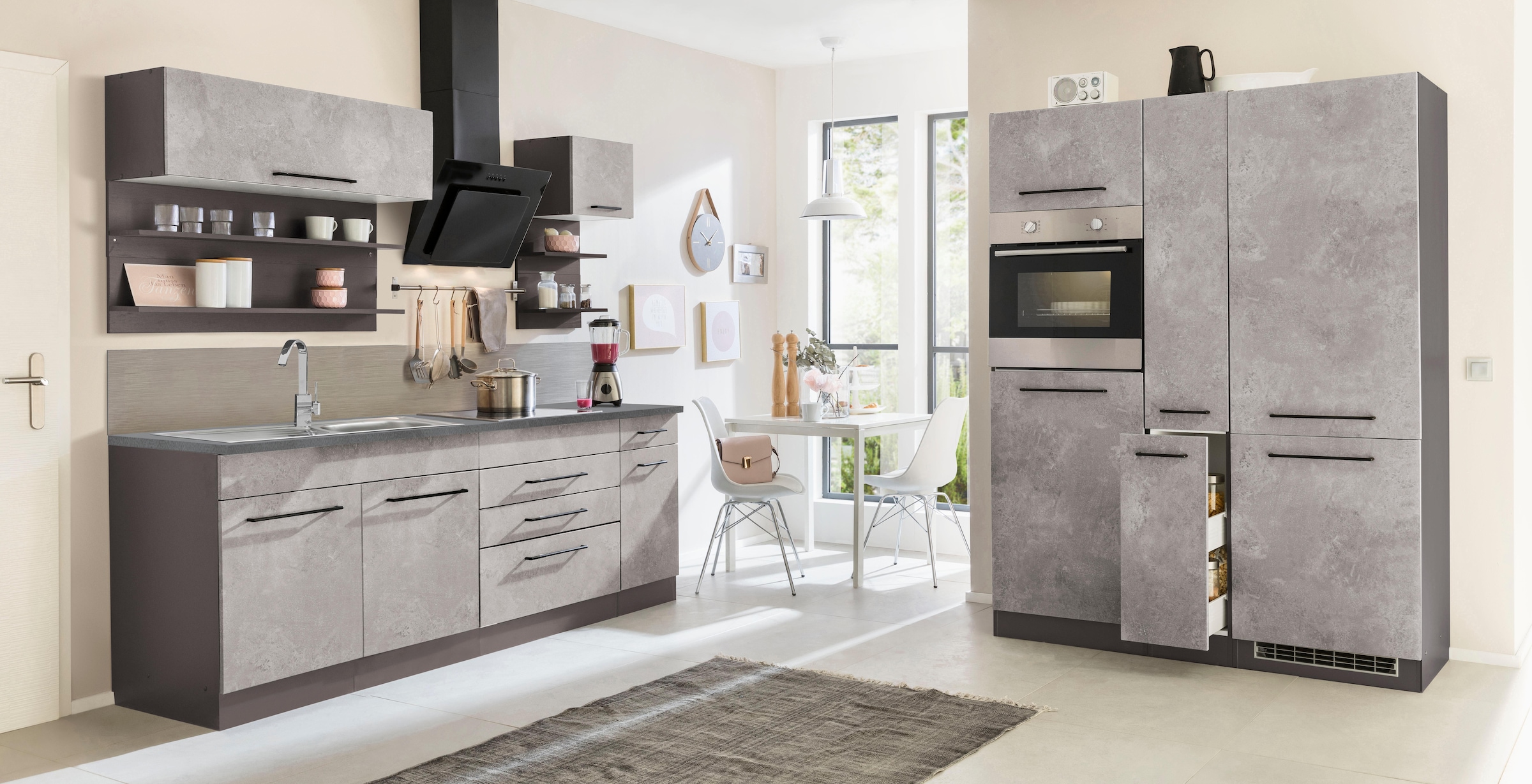 KOCHSTATION Küchenzeile »KS-Tulsa«, mit E-Geräten, Breite 380 cm, schwarze Metallgriffe, MDF Fronten
