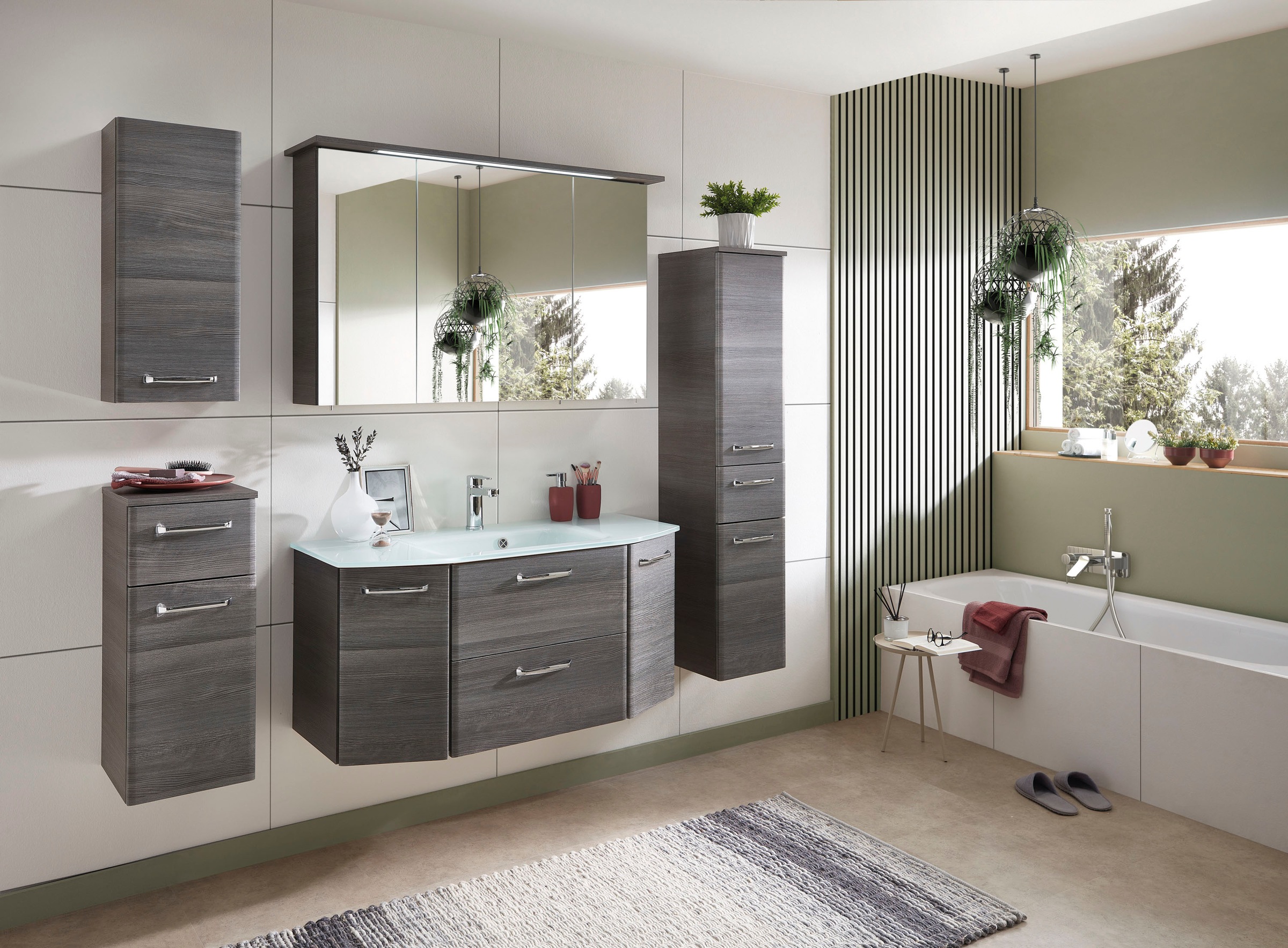 Saphir Badmöbel-Set »Quickset 5-teilig Glas-Waschtisch mit LED-Spiegelschrank, Bad-Set« 6 Stk. tlg.