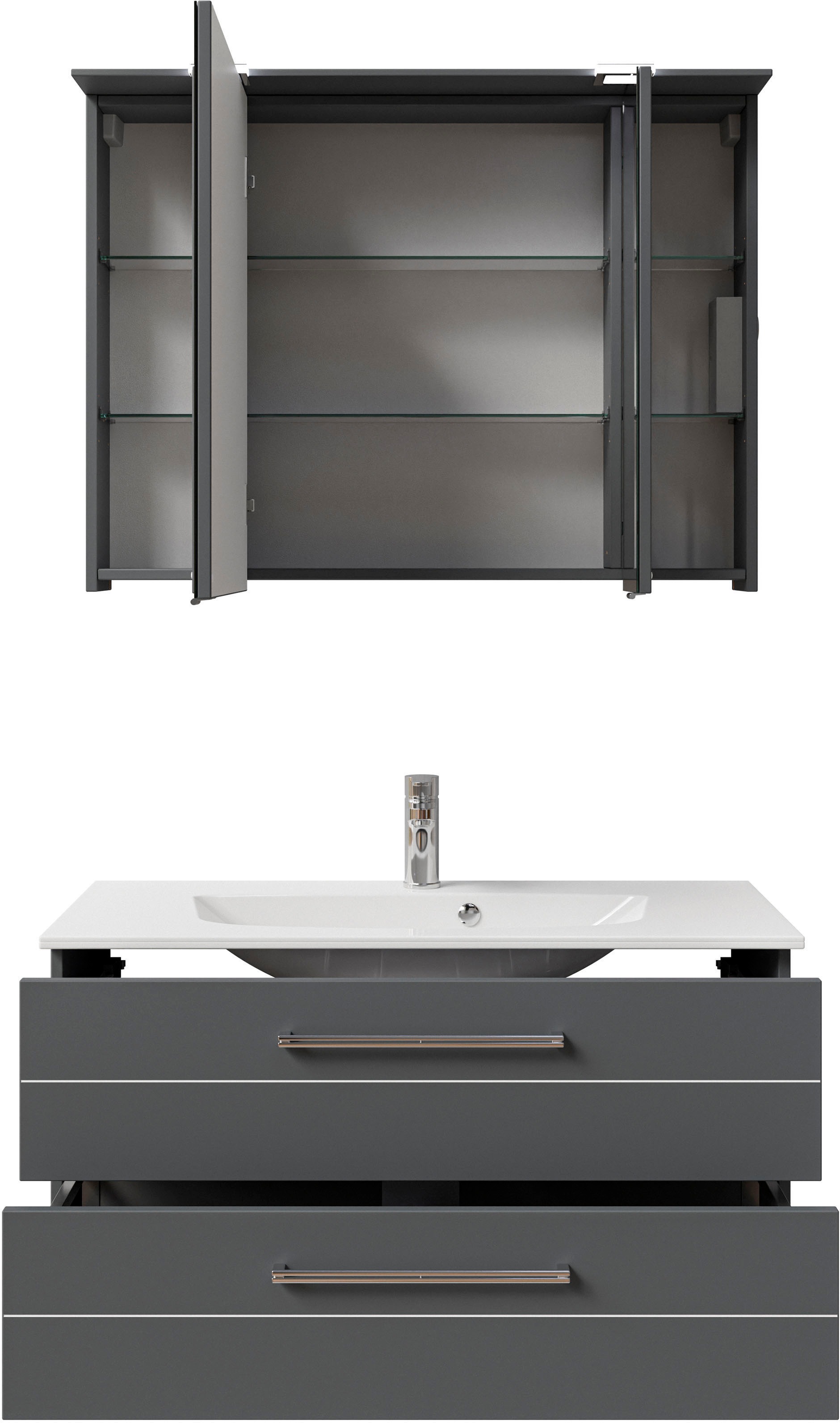 Saphir Badmöbel-Set »Serie 6025 2-teilig Mineralmarmor-Waschtisch mit LED-Spiegelschrank«, (2 St.), Waschplatz 97 cm breit, 2 Schubladen, 3 Spiegel-Türen, inkl Türdämpfer