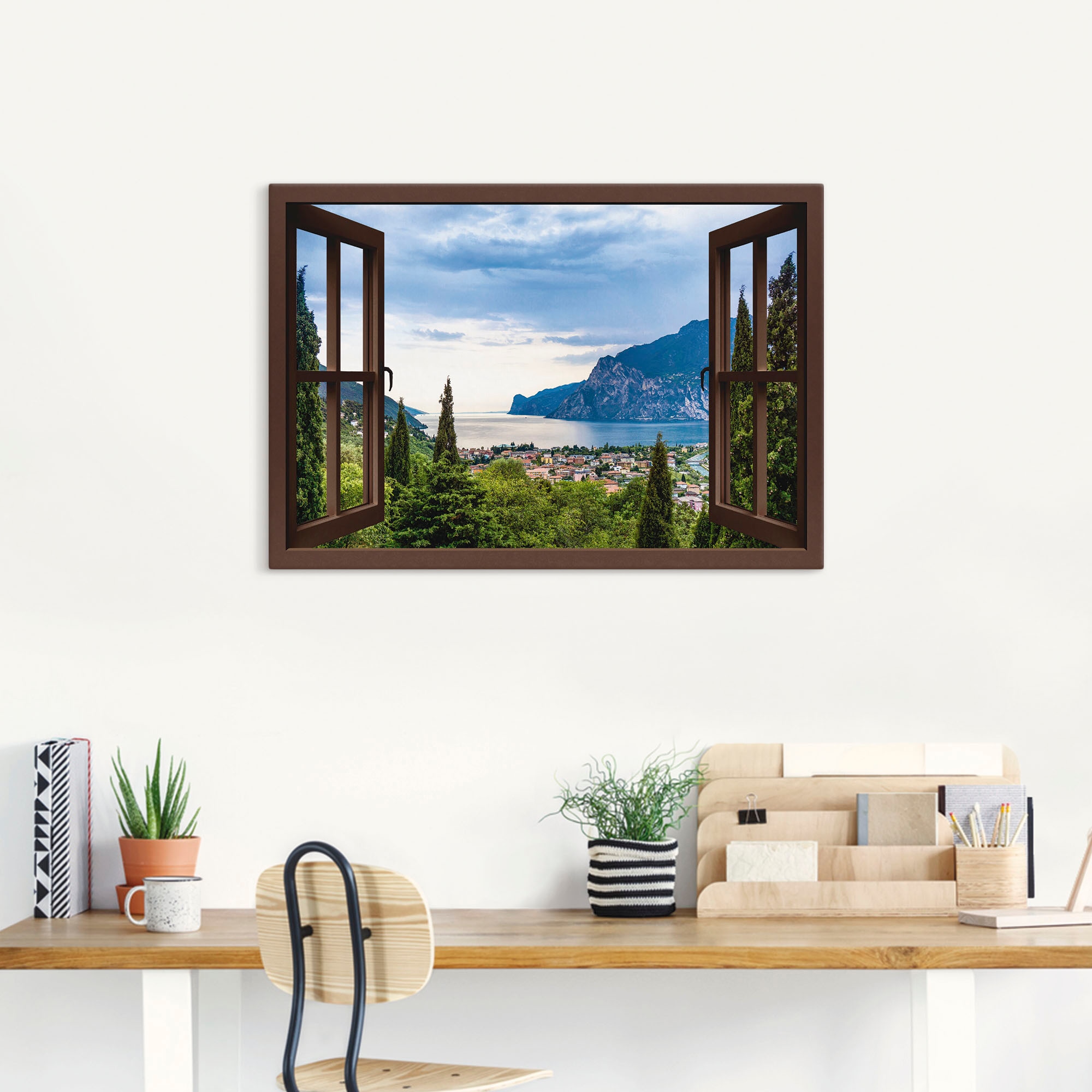 Artland Wandbild »Gardasee durchs braune Fenster«, Seebilder, (1 St.), als Alubild, Outdoorbild, Leinwandbild, Poster in verschied. Größen