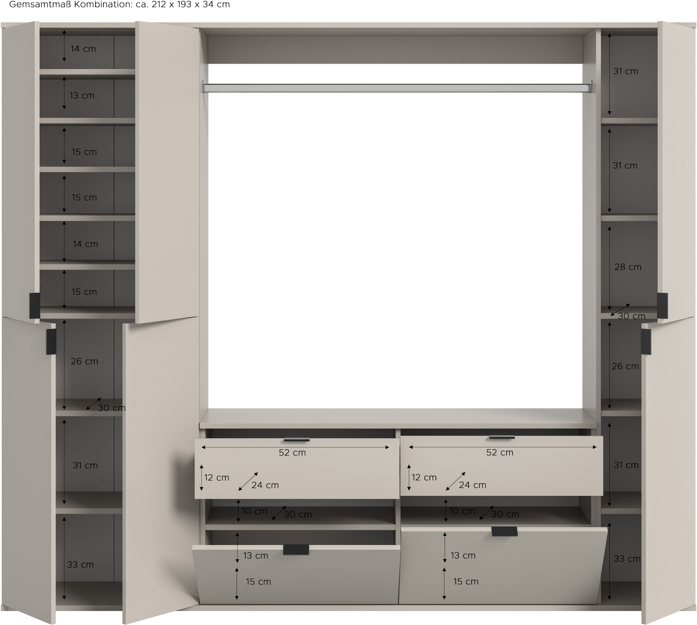 Home affaire Garderoben-Set »TRONDHEIM, 5-teilig, Breite 212cm, individuell platzier- & erweiterbar« Set, bestehend aus: 2x Garderobenschrank & 3-tlgs. Zwischenbauelement, 4 Stk. tlg.