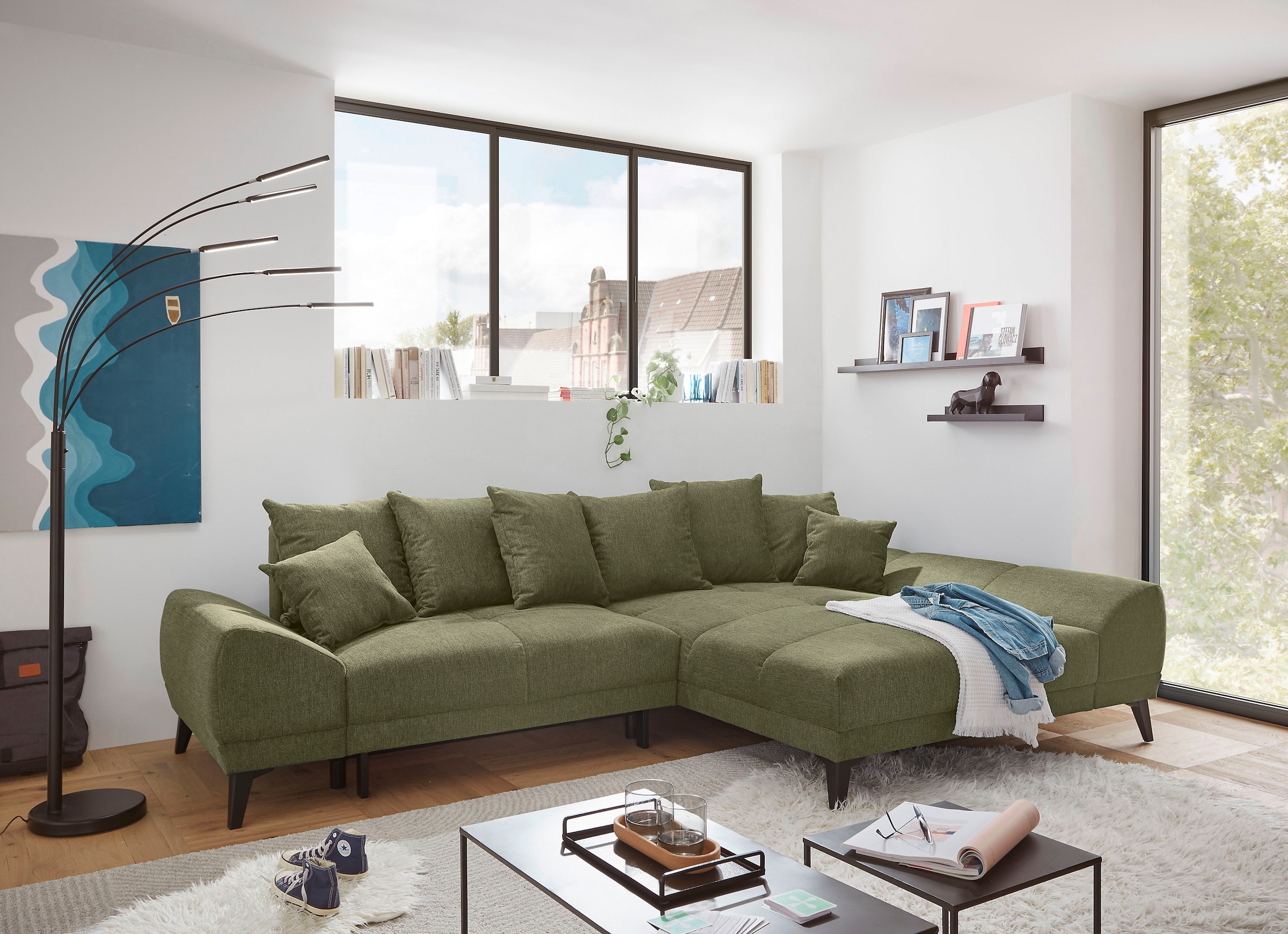 ED EXCITING DESIGN Ecksofa »Scott L-Form«, frei im Raum stellbar, mit Bettkasten, Schlaffunktion und 8 Kissen
