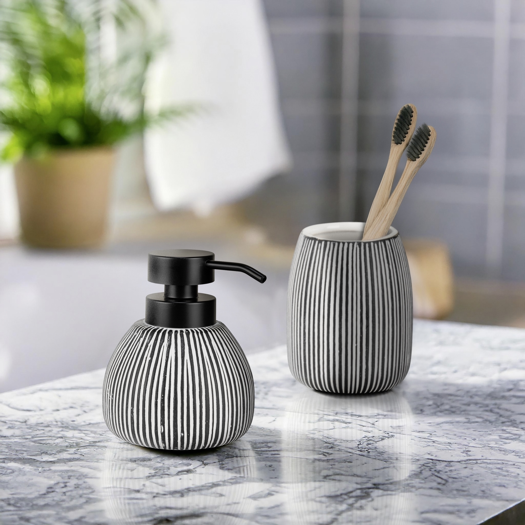 WENKO Seifenspender »Pascoli« Bad-Accessoire Set, strukturierte Oberfläche mit Goldakzenten, Keramik