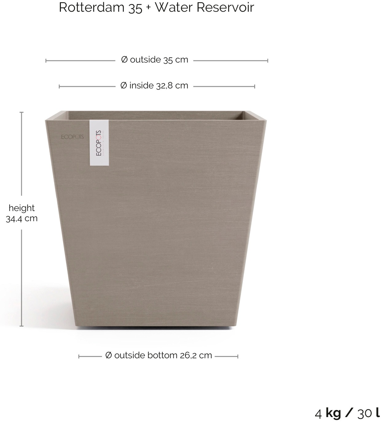 ECOPOTS Blumentopf »Rotterdam 35 + Wassersystem Taupe« für innen und außen: frostsicher, bruchsicher und lichtbeständig