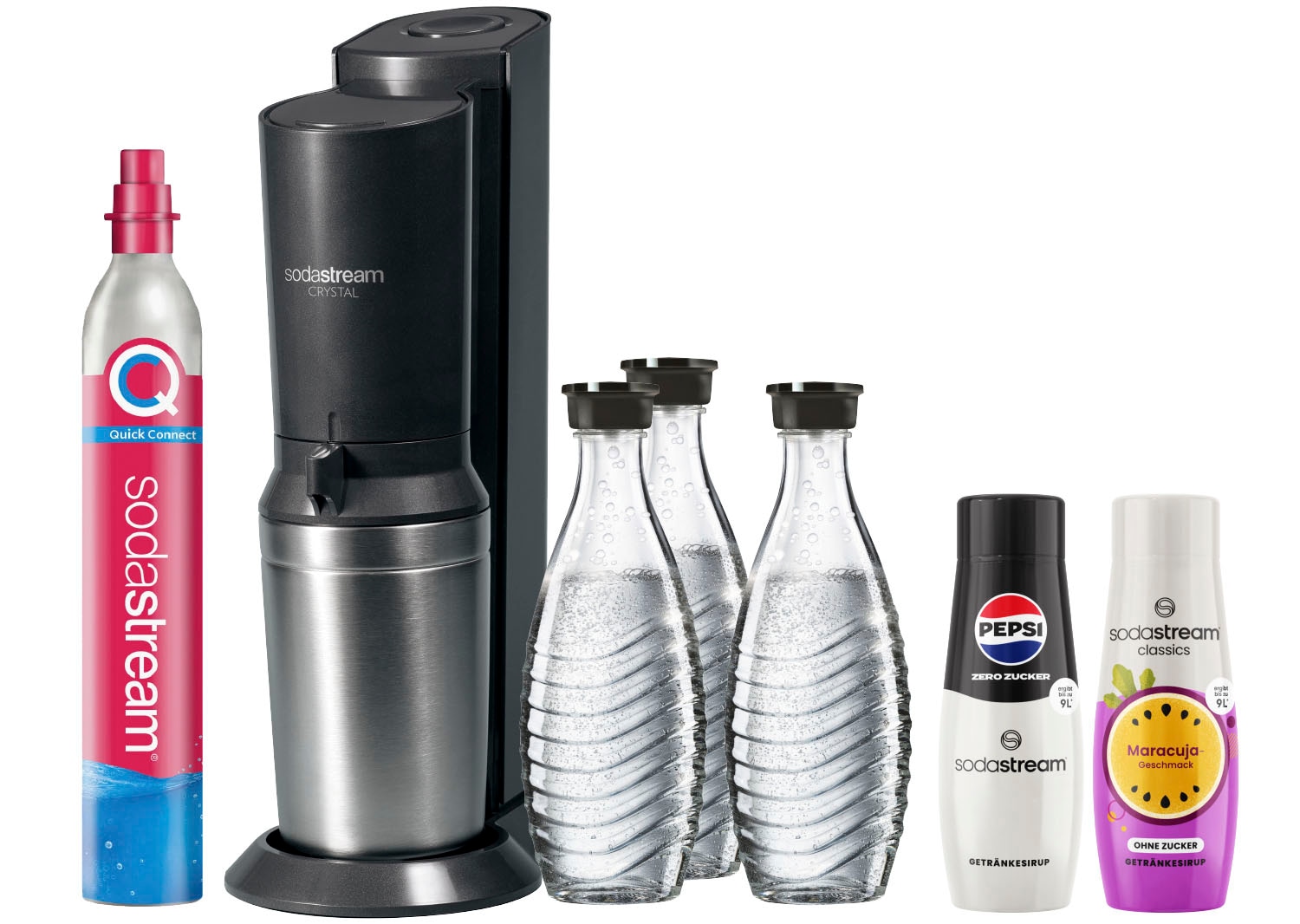 SodaStream Wassersprudler »SodaStream CRYSTAL 3.0 mit 3 Glaskaraffen, 1 CO2-Zylinder und 2 Sirups«, (Sirups: 1x Pepsi Zero Zucker, 1x Maracuja ohne Zucker), mit Quick-Connect-System