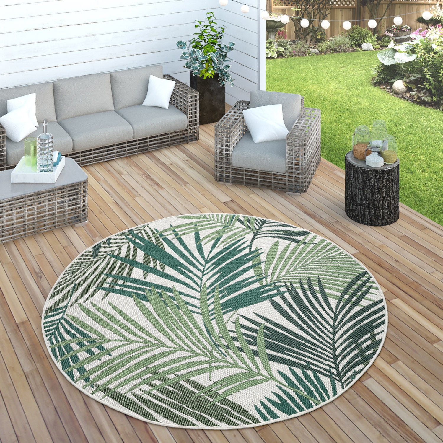 Paco Home Teppich »Ostende 534«, bequem In- bestellen geeignet, und Wohnzimmer Flachgewebe, Outdoor Palmenblätter, rund, schnell Motiv und