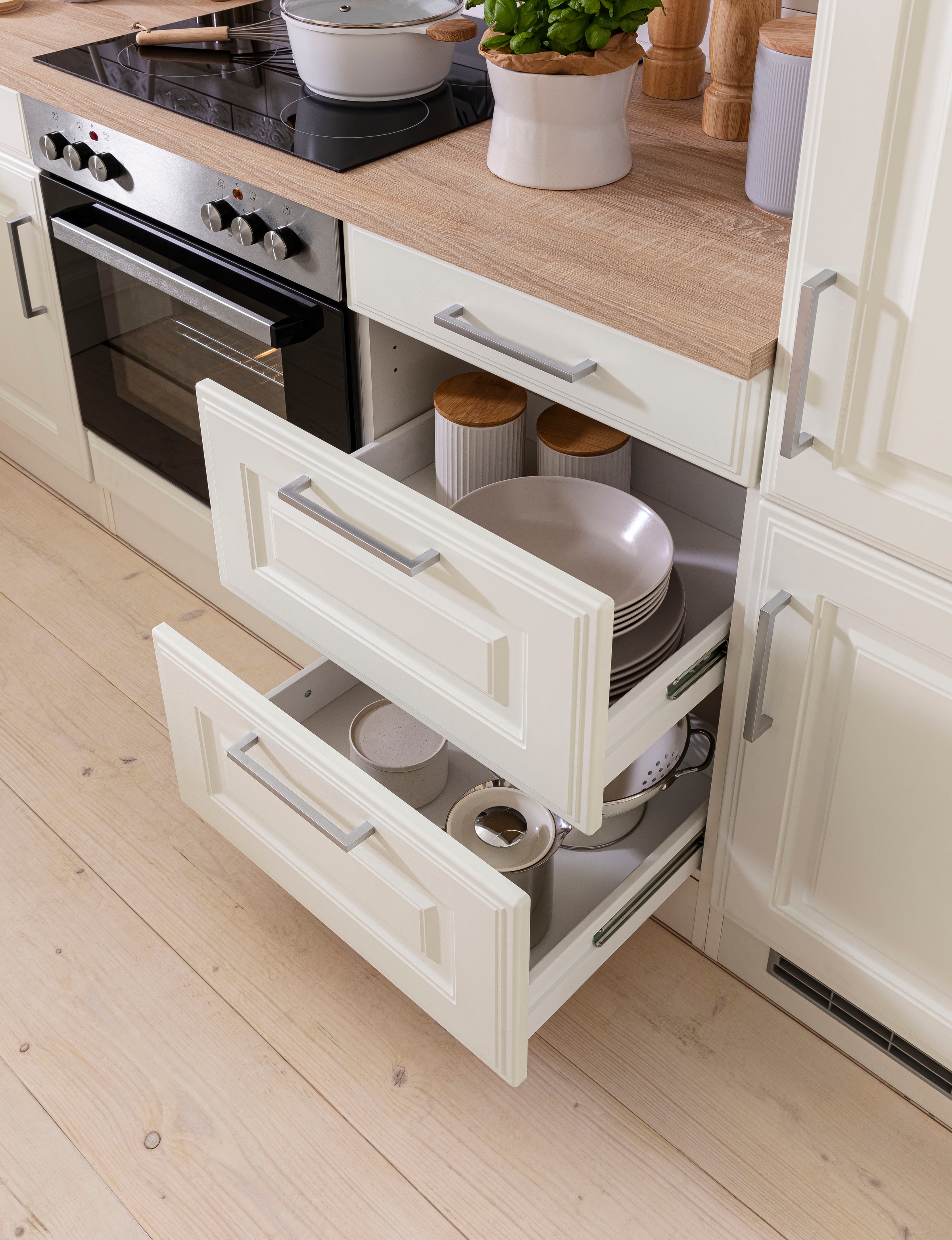 KOCHSTATION Winkelküche »KS-Stockholm«, Stellbreite 220/310 cm, mit hochwertigen MDF Fronten im Landhaus-Stil