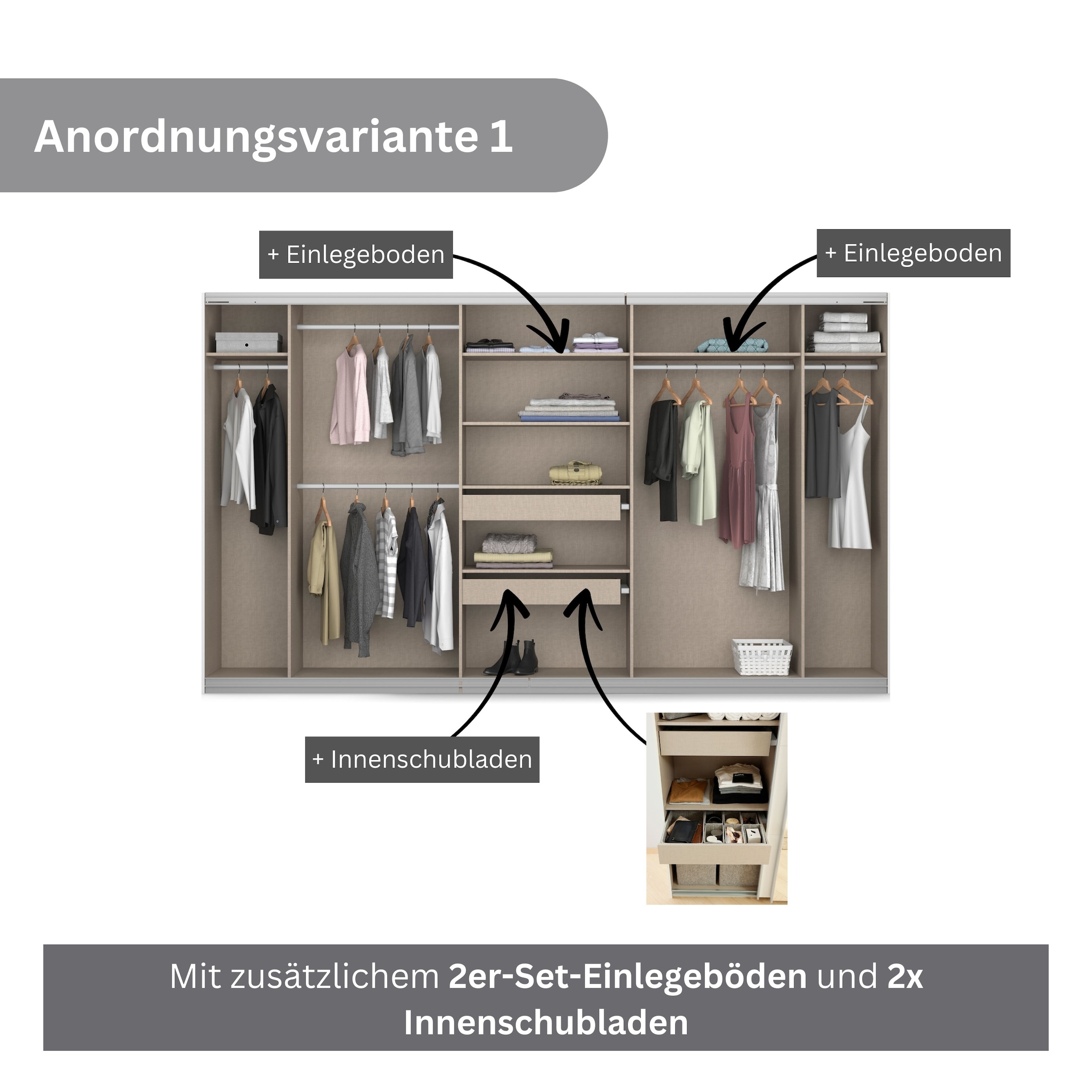 rauch Schwebetürenschrank »Kleiderschrank Schrank Garderobe KOLUNA mit Dekor-Front«, inkl. 2 Innenschubladen sowie extra Einlegeböden MADE IN GERMANY