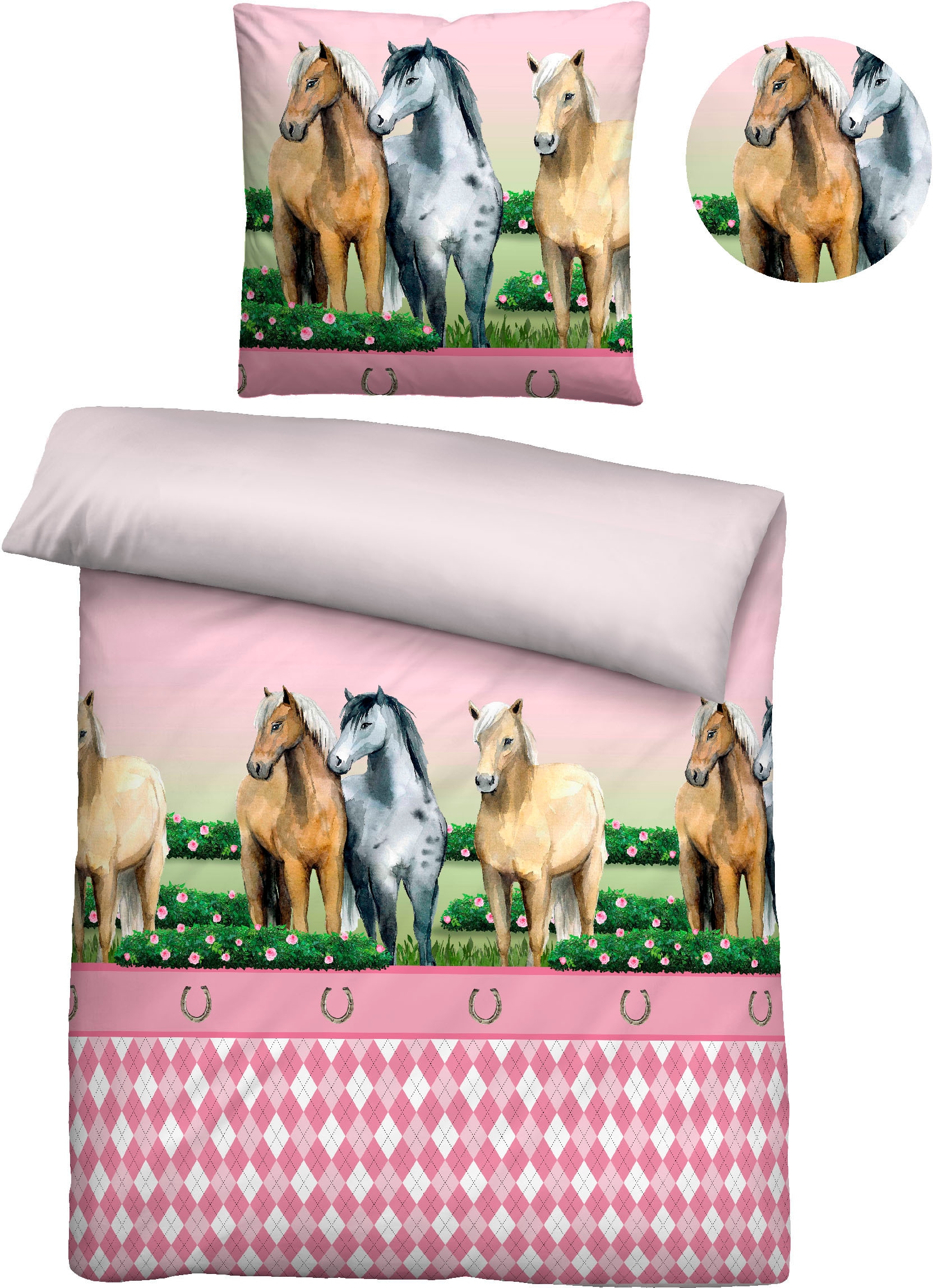 Biberna Kinderbettwäsche »Pferde«, 135/200+80/80 cm, atmungsaktiv, 100% Baumwolle, Reißverschluss