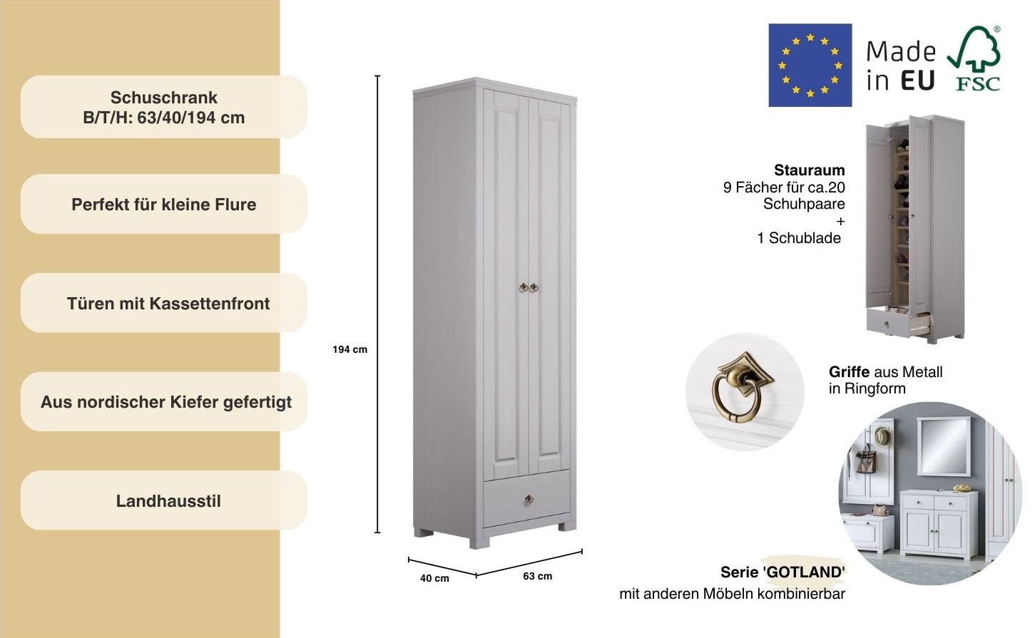 Home affaire Schuhschrank »Gotland«, aus massiver Kiefer, FSC®-zertifiziert, Höhe 193 cm
