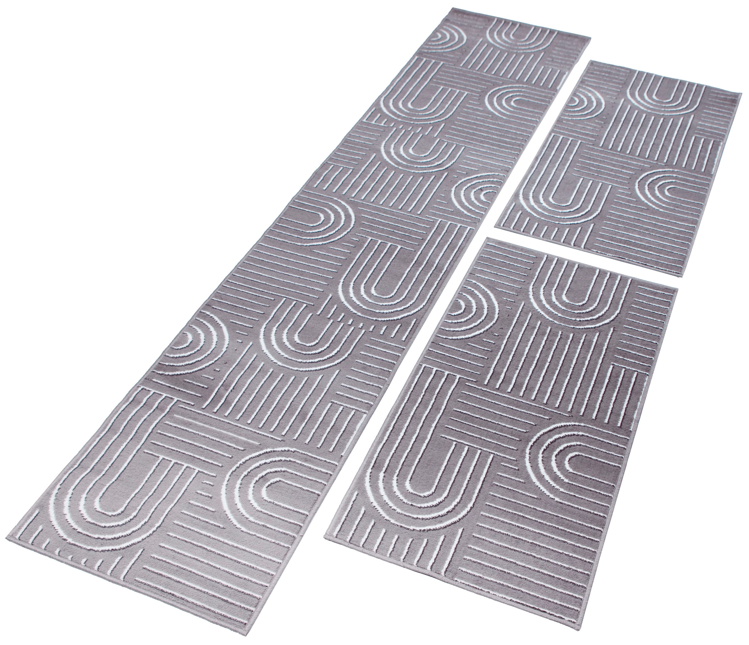 OTTO home Bettumrandung »Lyssandra« Höhe 8 mm 3 tlg. tlg. 3D-Effekt, softer Kurzflor, pflegeleicht, leichter Glanz, Scandi-Look grau Obermaterial: 85%