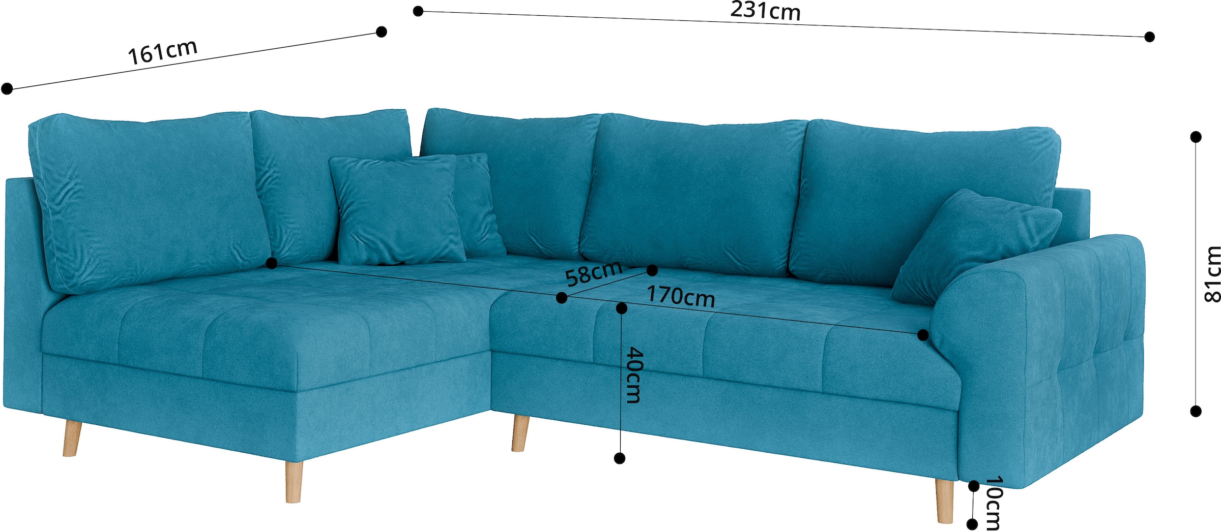 Home affaire Ecksofa »CHARRE L-Form mit Ottomane, Maße B/T/H: 231/161/81 cm« feine Steppung, lose Rücken- und Zierkissen, auch in Cord und Bouclé