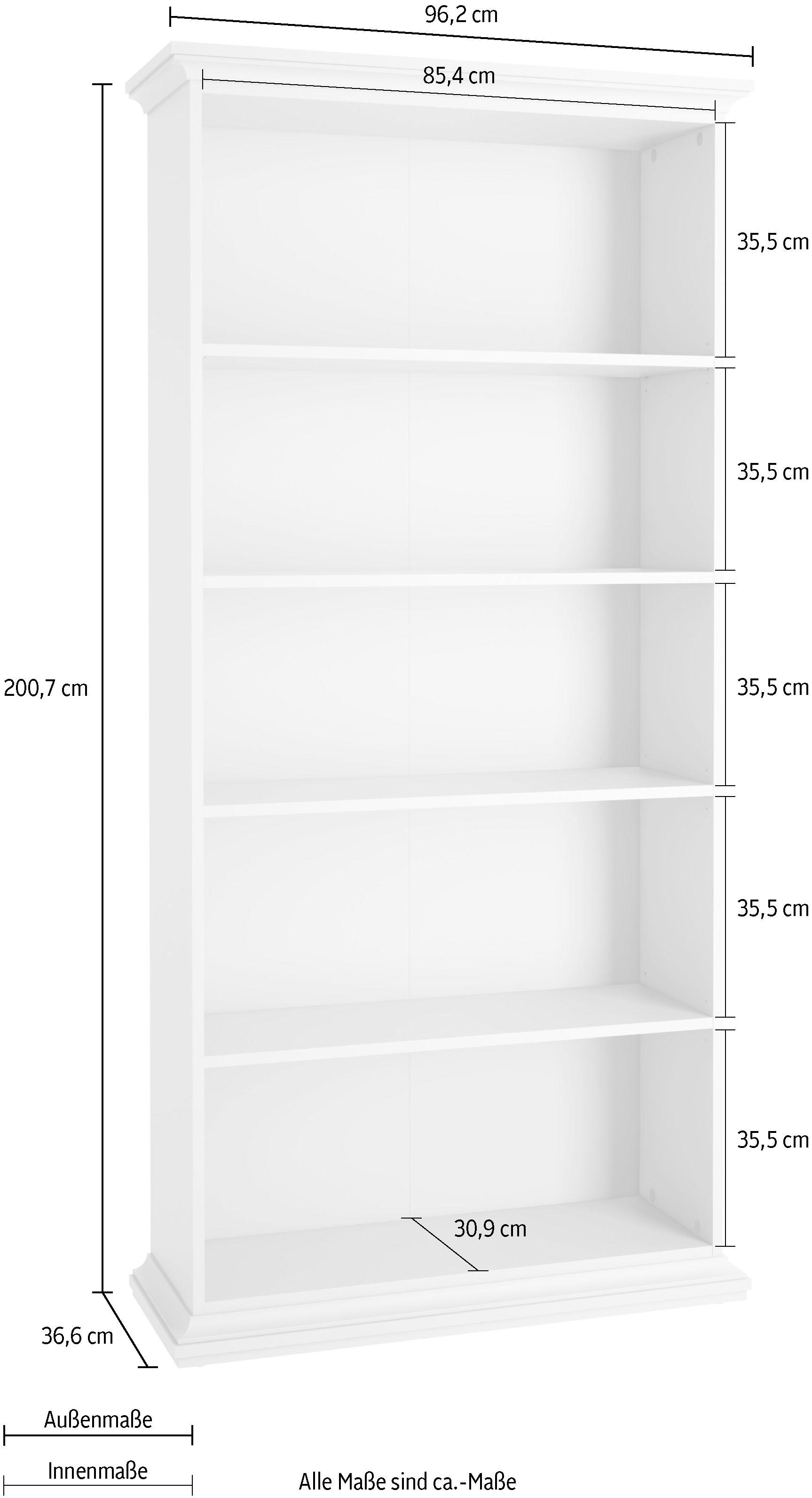 Home affaire Bücherregal »Paris Regal, Standregal, Stauraumregal, Ablageregal, Multifunktional,«, mit 4 Einlegböden, viel Stauraum, Kranzleiste, Höhe 200 cm