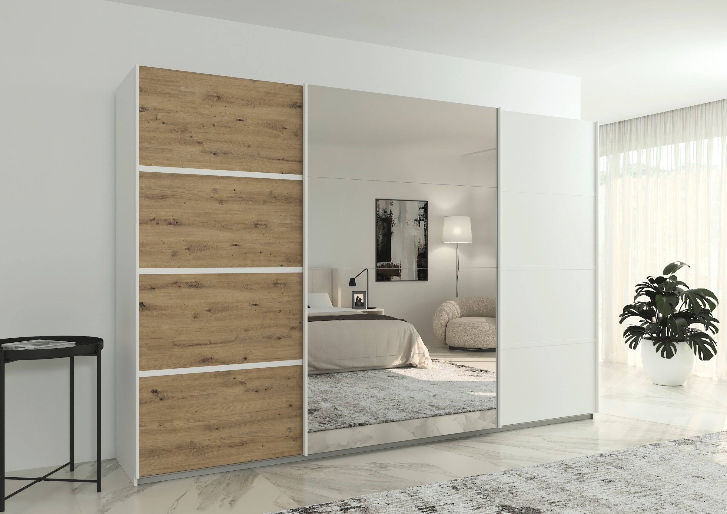 rauch Kleiderschrank »Schwebetürenschrank OTTO´s Choice Garderobe Schrank TOP ANGEBOT Avola«, (in 3 verschiedenen Ausstattungen BASIC/CLASSIC/PREMIUM inkl. Spiegel), mit eleganten Zierleisten in Chrom, Schwarz oder Weiß MADE IN GERMANY