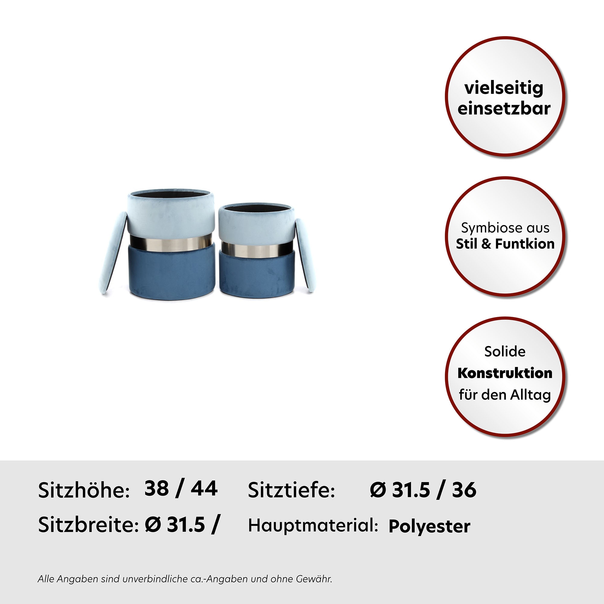 Kayoom Stauraumhocker »Hocker Zora 125 2er-Set, samtweicher Stoffbezug,runde elegante Form«, (Set, 2 St.), edles Design mit Metallring, gepolstert, mit Stauraum