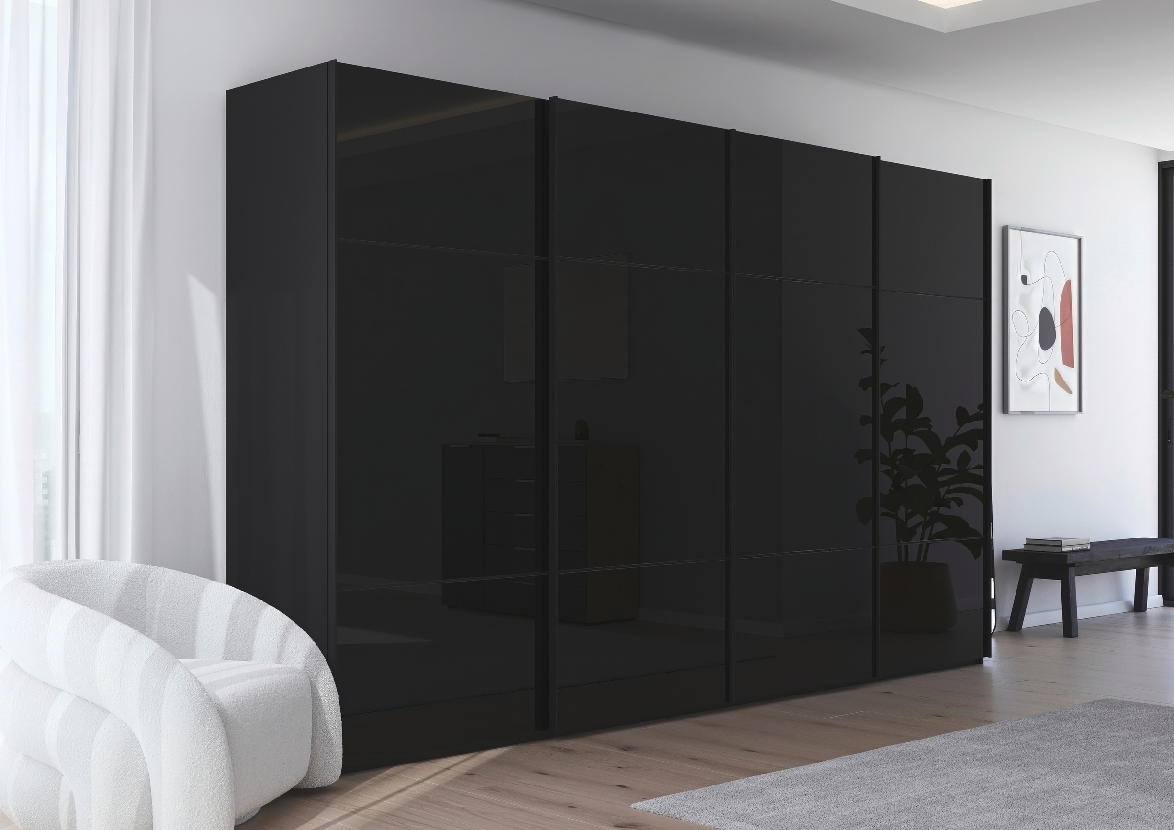 rauch Schwebetürenschrank »Kleiderschrank Schrank Garderobe Schlafzimmerschrank SCALE-TRIO«, edle dreigeteilte Front mit 2 Zierleisten Glasfront MADE IN GERMANY