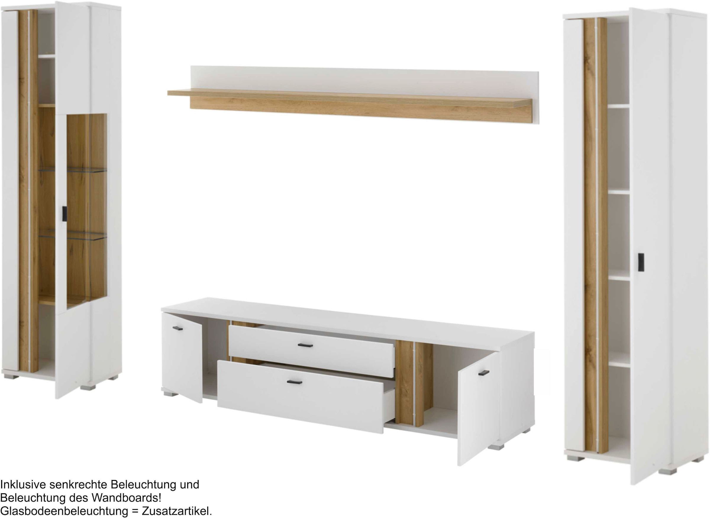 INOSIGN Wohnwand »LONG ISLAND«, (Set, 4 St.), in moderner Trendfarbe,inklusive senkrechter Beleuchtung,Breite 330 cm