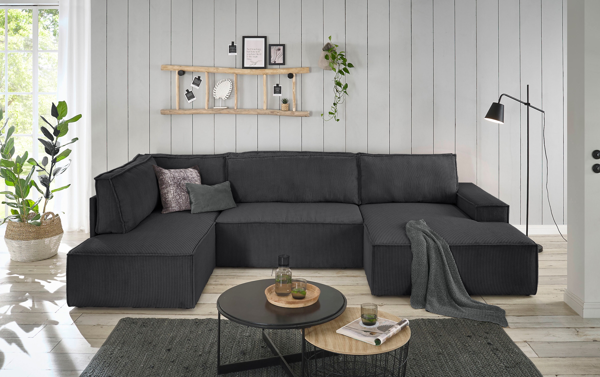 Home affaire Wohnlandschaft »SHERWOOD  329 cm, U-Form, Schlafsofa,« Schlaffunktion m. Bettkasten (194x139 cm), Cord, Vintage, Samtvelours