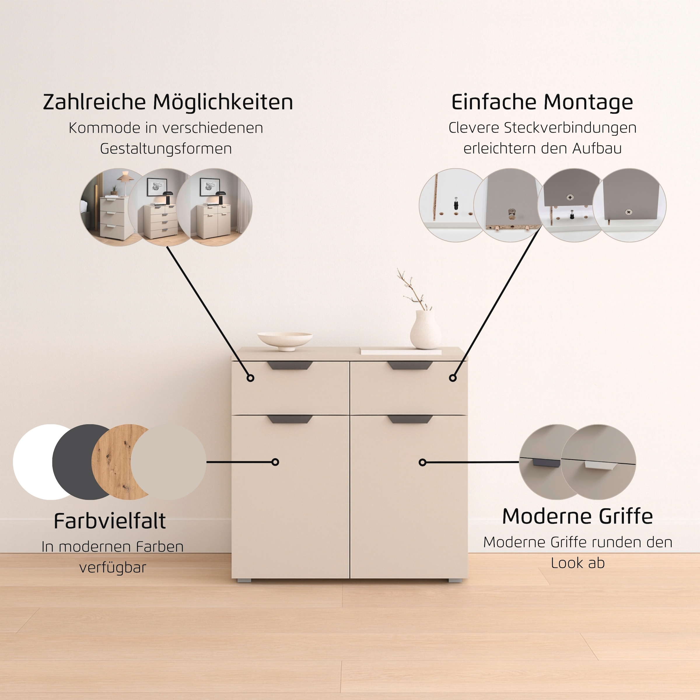 rauch Kombikommode »Sideboard Schubladenkommode COSTA mit farblich passenden Metallgriffen« in 2 Griff-Farben, Breite 80 cm,  mit 2 Schubladen und 1 verstellbaren Einlegeboden MADE IN GERMANY