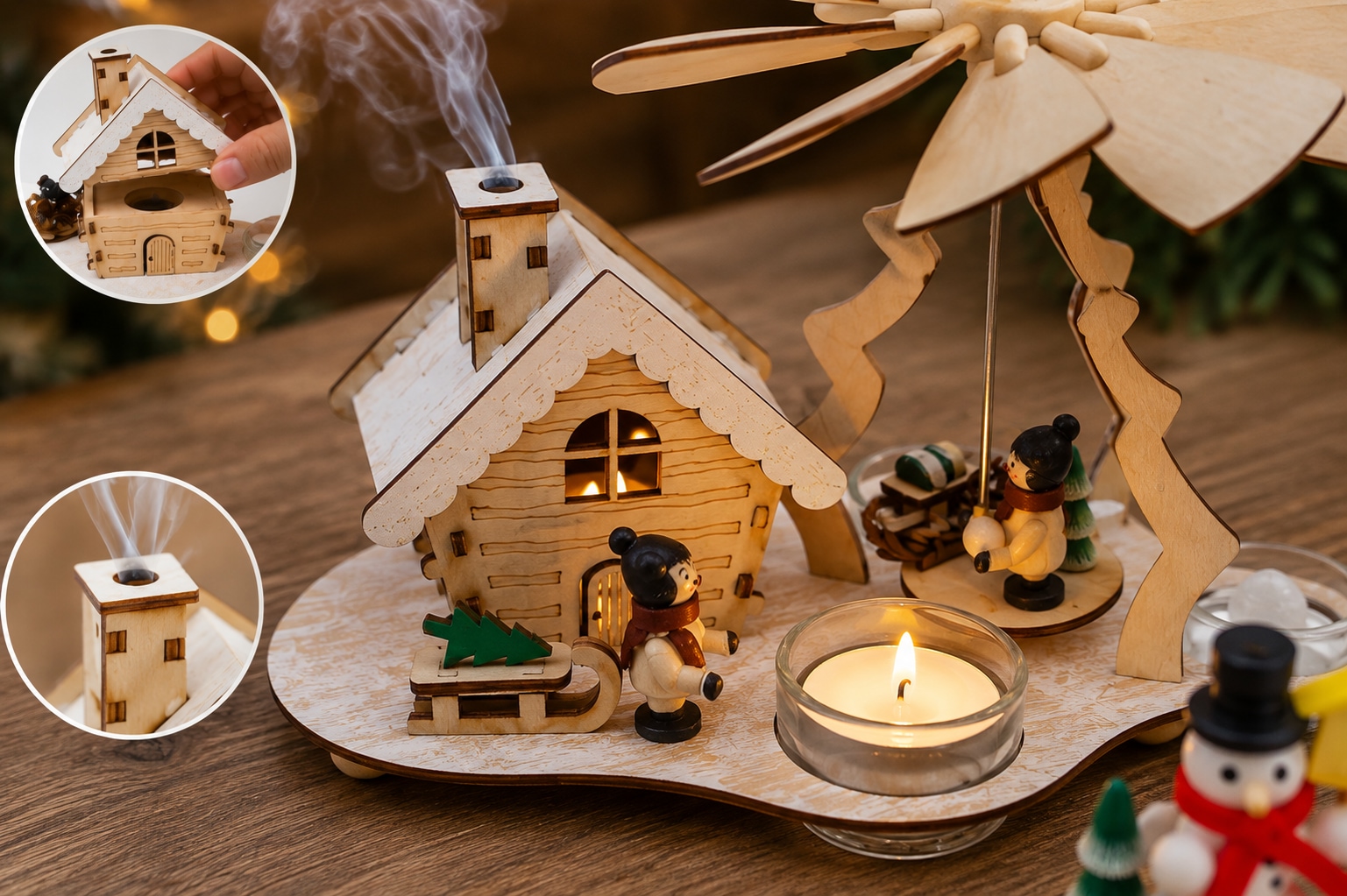 OTTO home Weihnachtsszene »Pyramide und Räucherhaus für Teelichter, 2er-Set« 6-Stunden Timer, gratis Holzanhänger, weihnachtliche Dekoration