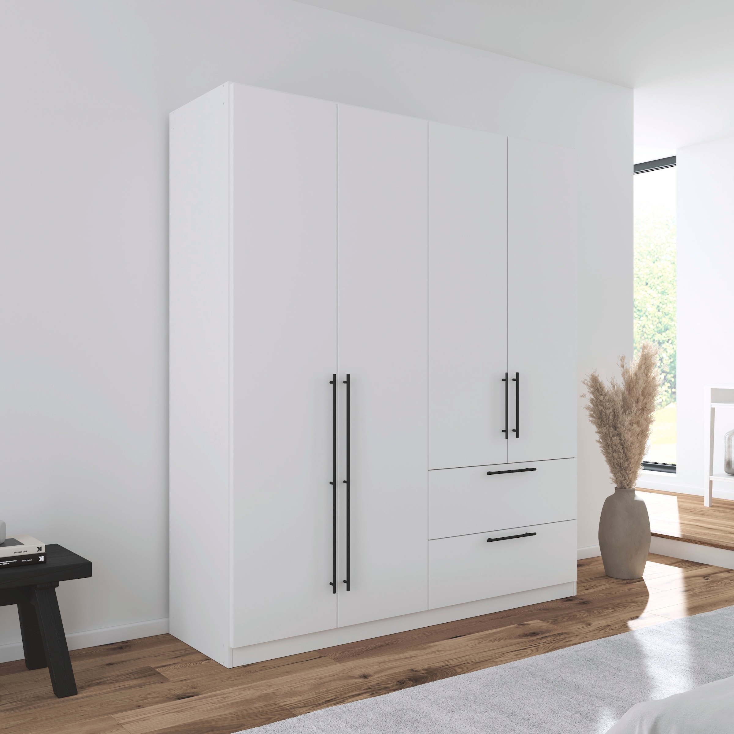 rauch Kleiderschrank »Drehtürenschrank Schrank Garderobe Wäscheschrank Schlafzimmer AVOLA«, (in 3 verschiedenen Ausstattungen BASIC/CLASSIC/PREMIUM), mit hochwertigen Stangengriffen aus Metall in Schwarz MADE IN GERMANY