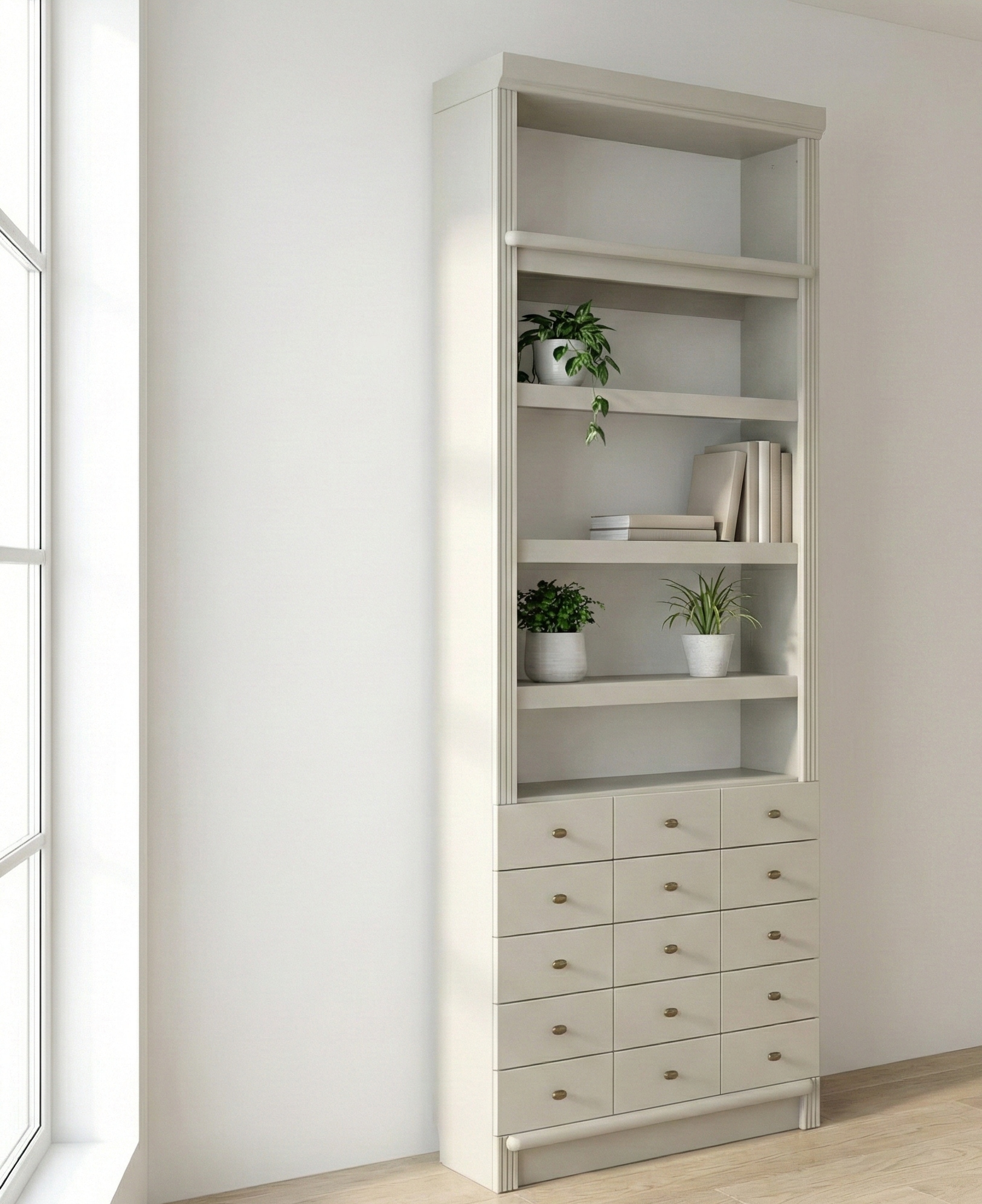 Home affaire Bücherregal »Soeren Regal mit 5 breiten Schubkästen in geteilter Optik« T/H: 80/29/220 cm, Kiefer FSC®-zertifiziert, elegante Metallgriffe