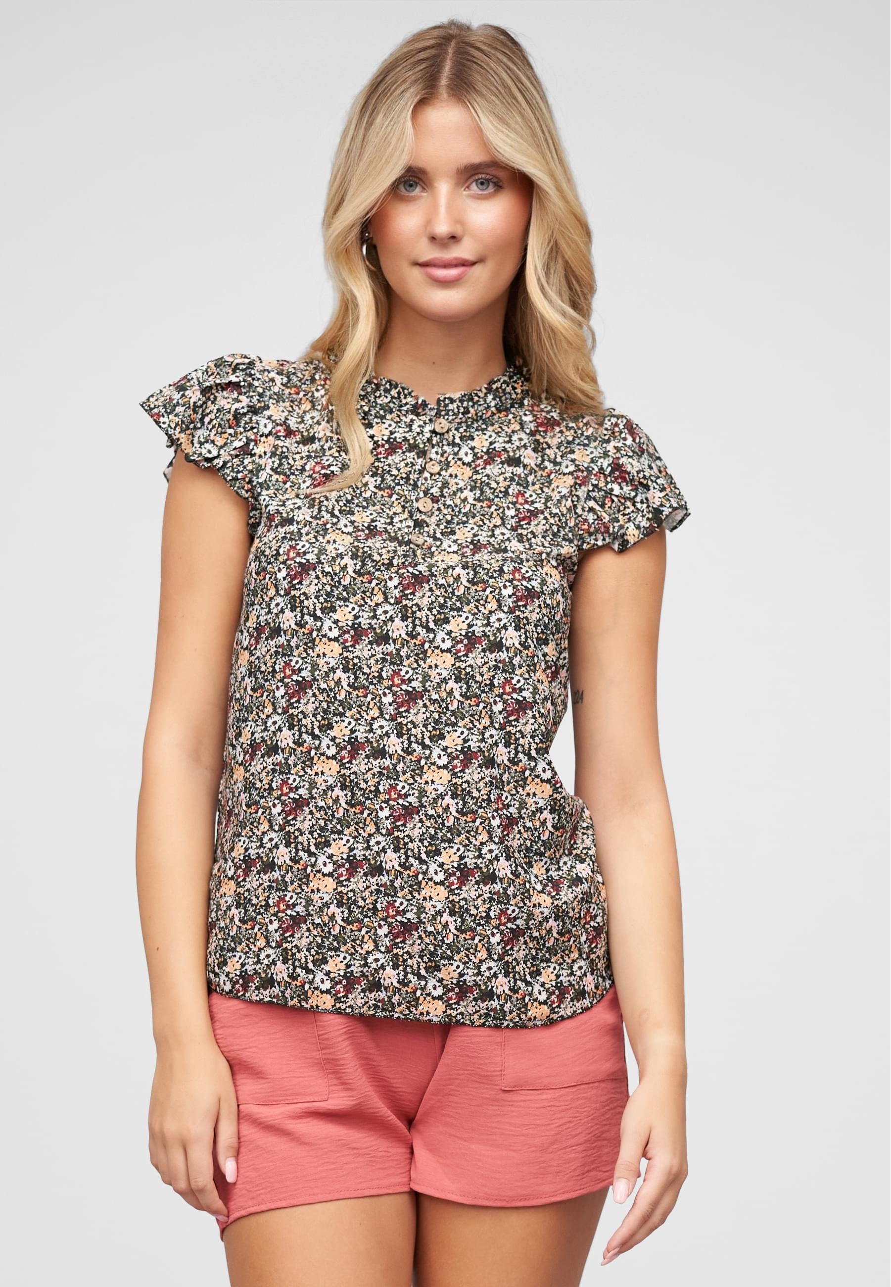 CLOUD 5IVE Langarmhemd »CLOUD 5IVE Bluse mit 4er Knopfleiste und Blumen Print«
