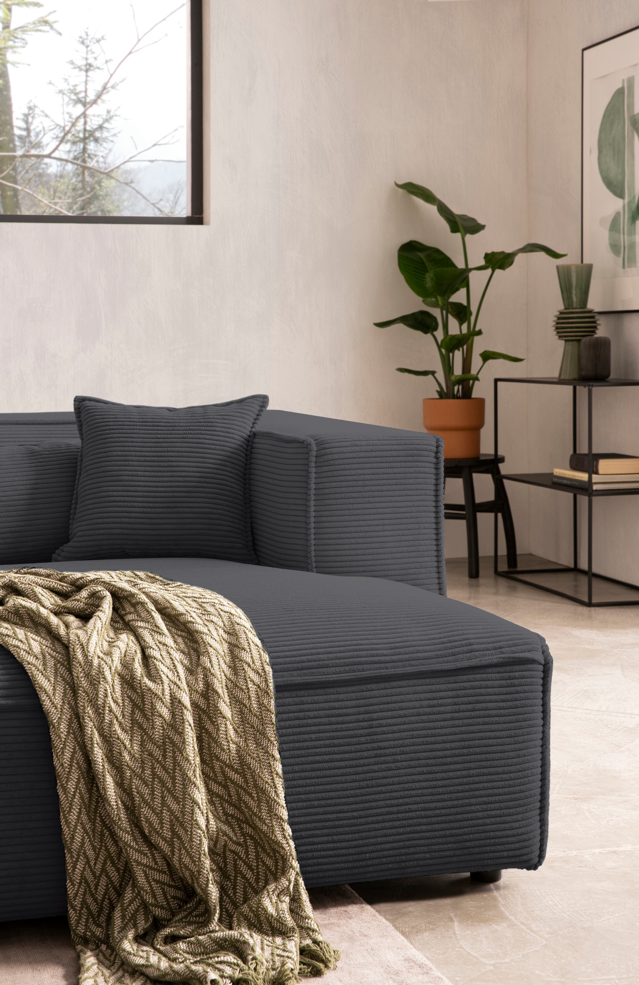 LeGer Home by Lena Gercke Ecksofa »PIARA mit Kedernaht, Cord, Leinenoptik o. Strukturstoff, Couch, L-Form« wahlweise Ottomane rechts/links, schwarze Füße, bequemer Sitzkomfort