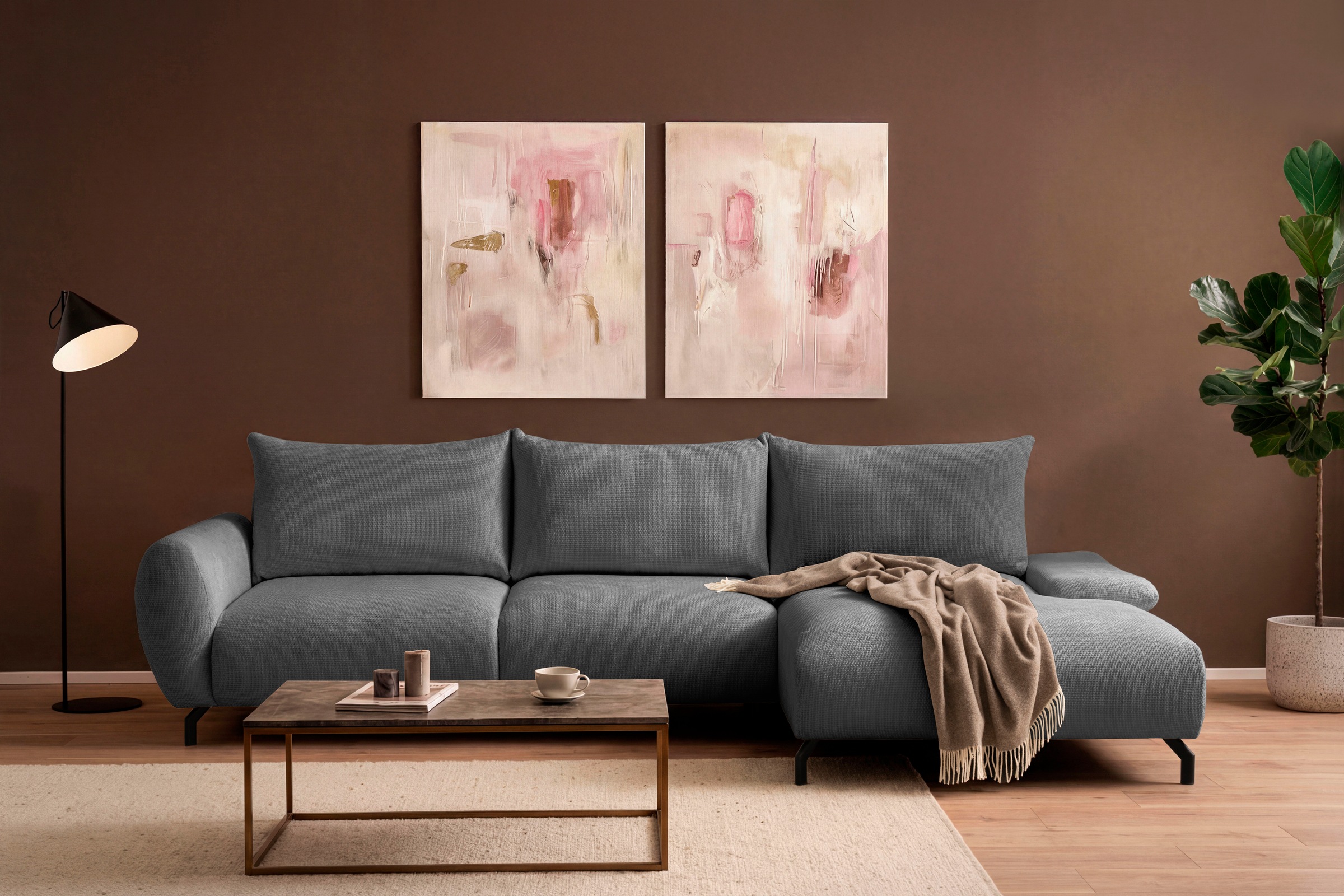 OTTO home Ecksofa »KELLIE, L-Form, 315 cm, verstellbare Armlehne, Metallfüße,« wahlweise Recamiere links o. rechts, Chenille-Stoff, hoher Sitzkomfort