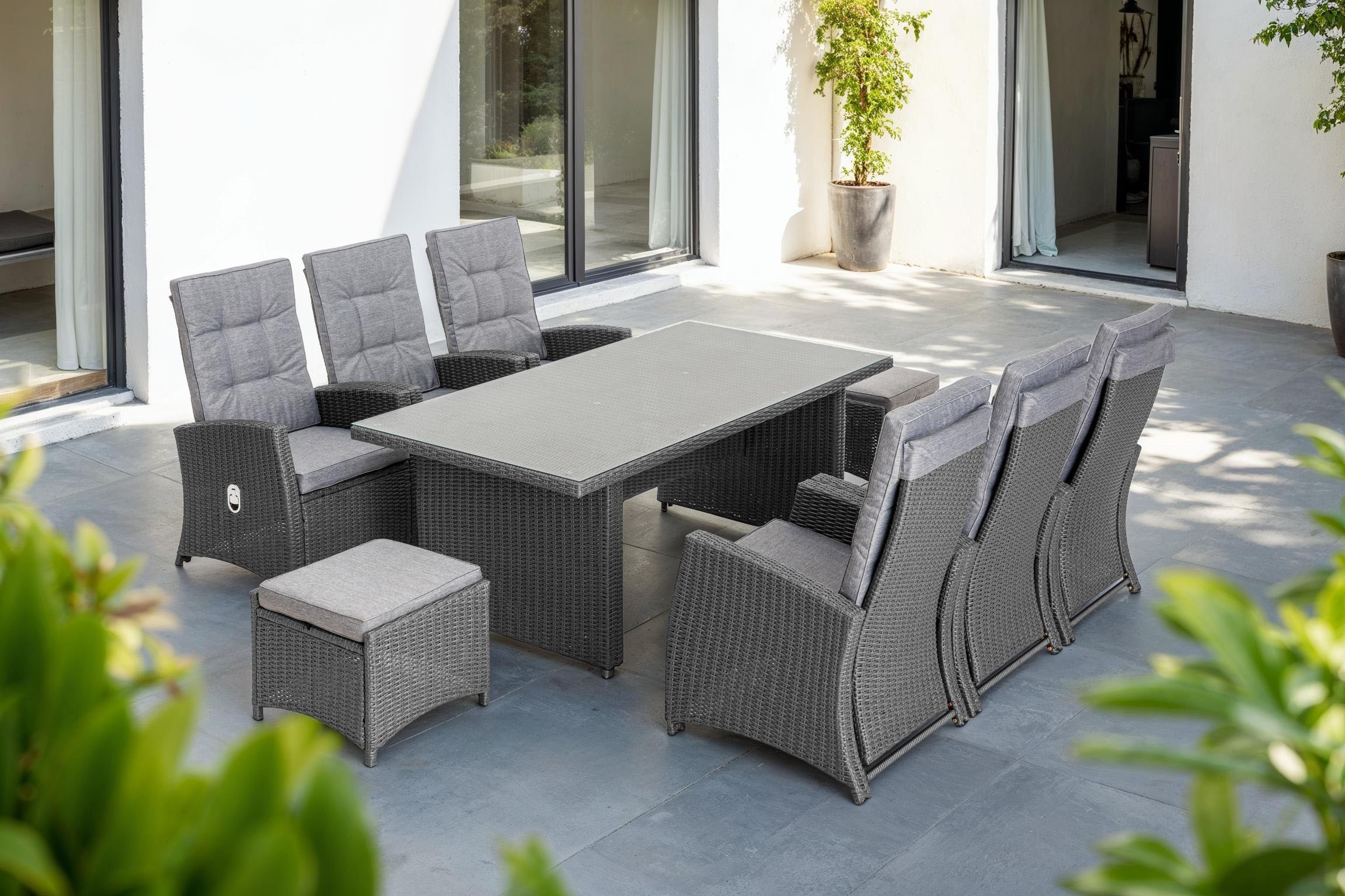 KONIFERA Garten-Essgruppe »»New Paris««, (Set, 23 tlg., 6 Sessel, Rückenlehne verstellbar, Tisch 100x200x75 cm, 2 Hocker), inkl. Auflagen, Stahl/Polyrattan